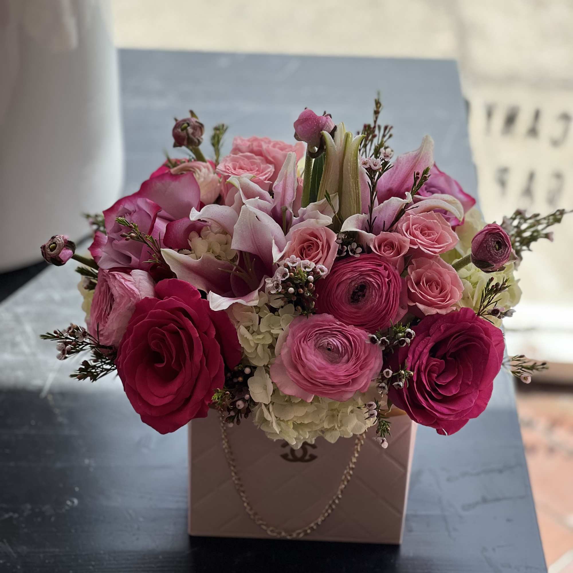 Pink and white mixed bouquet in a blush gift box
