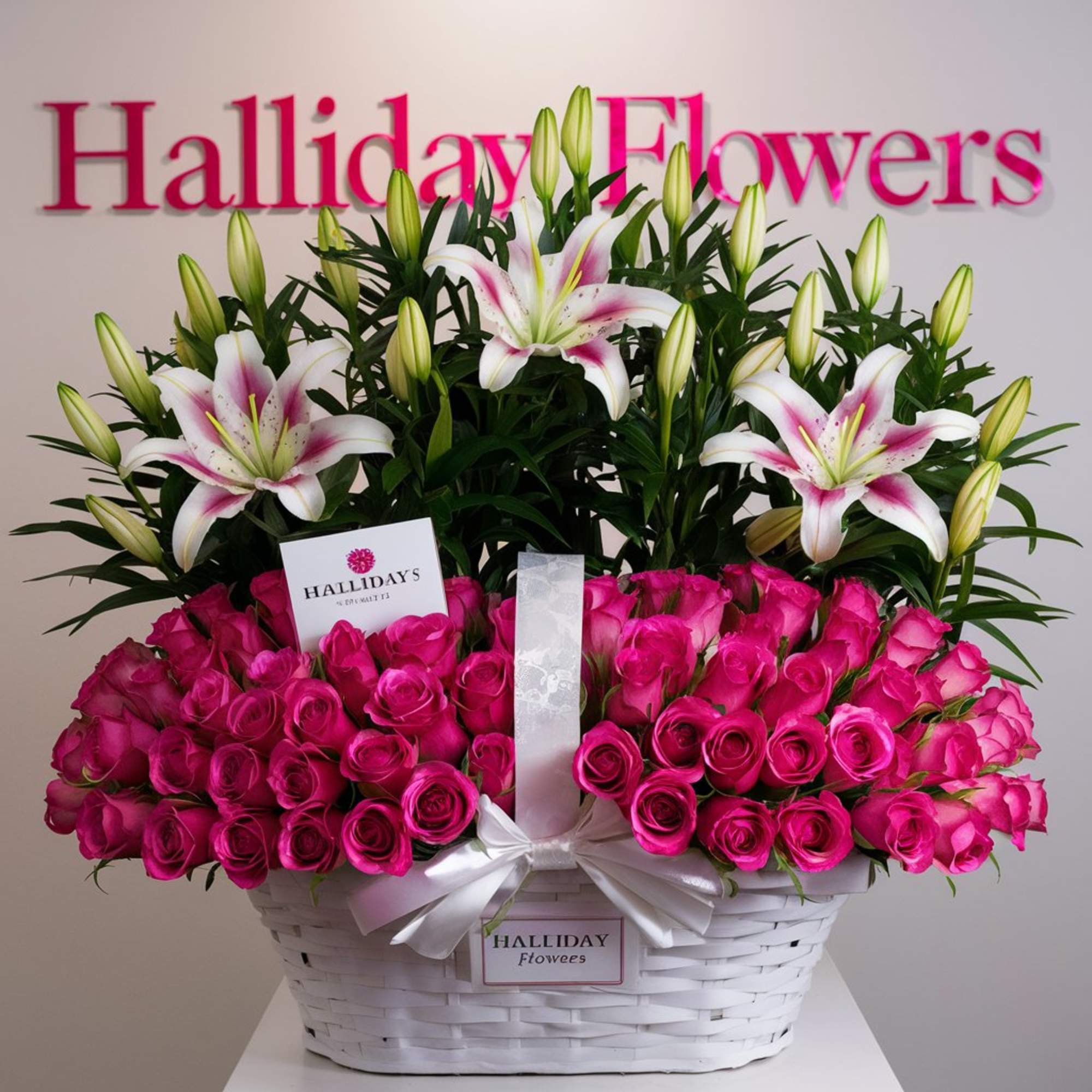 Stargazer Lilies and Hot Pink Roses