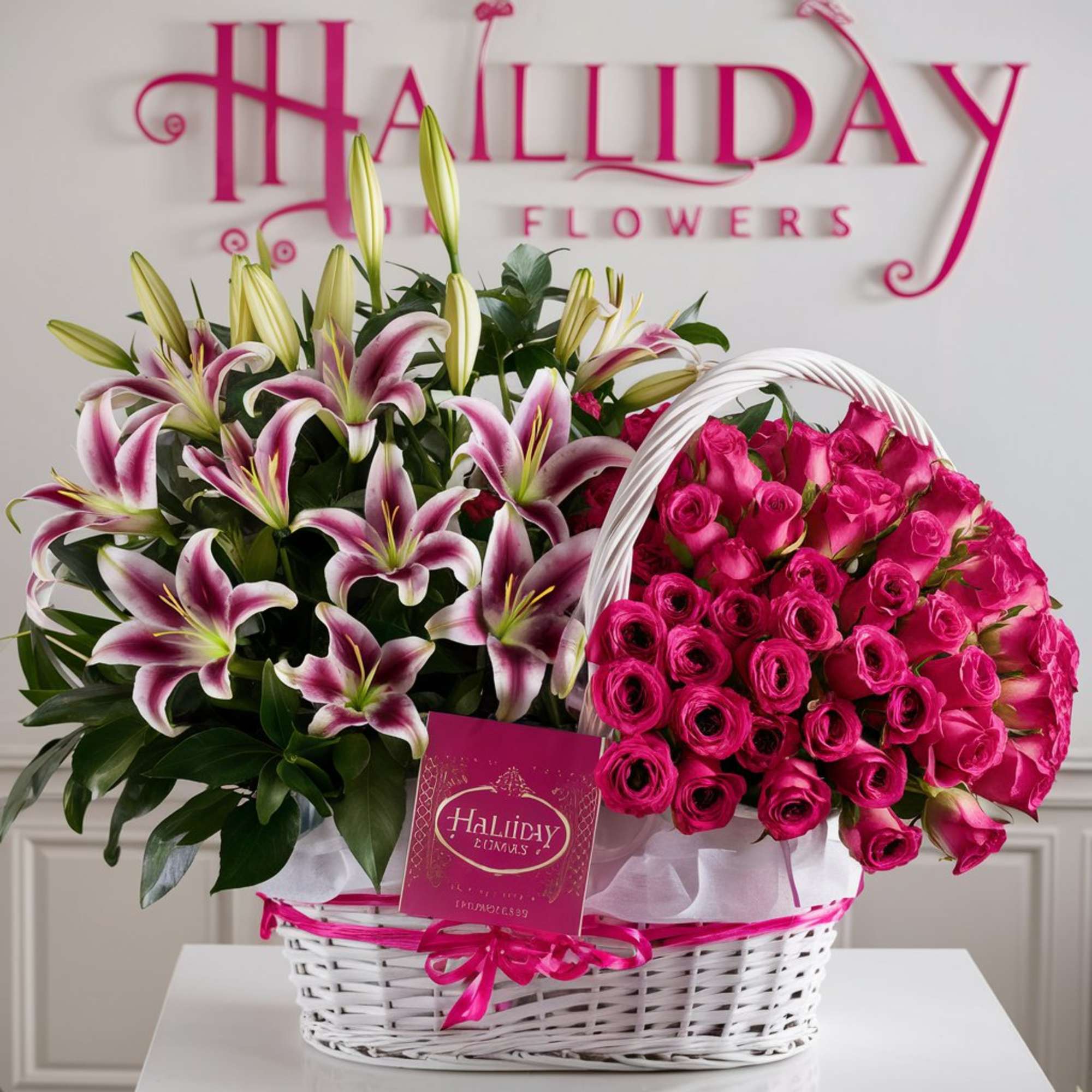 Stargazer Lilies and Hot Pink Roses