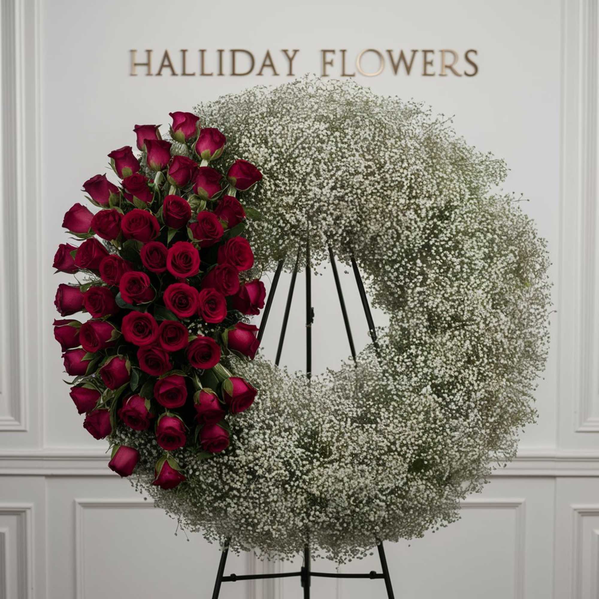  A stunning photograph of a 24-inch funeral wreath adorned with delicate