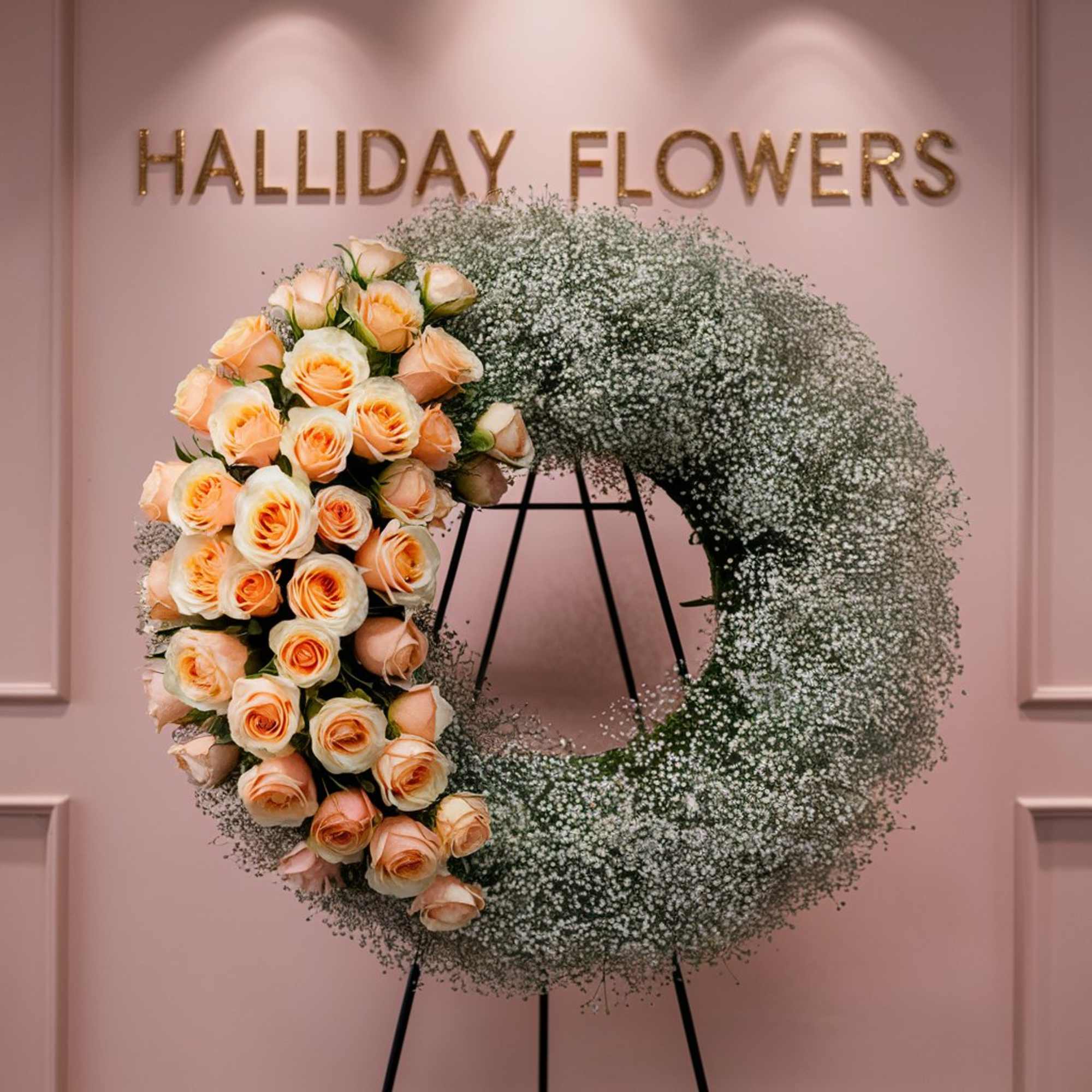 A 24-inch funeral wreath, exquisitely designed with delicate baby's breath and 
