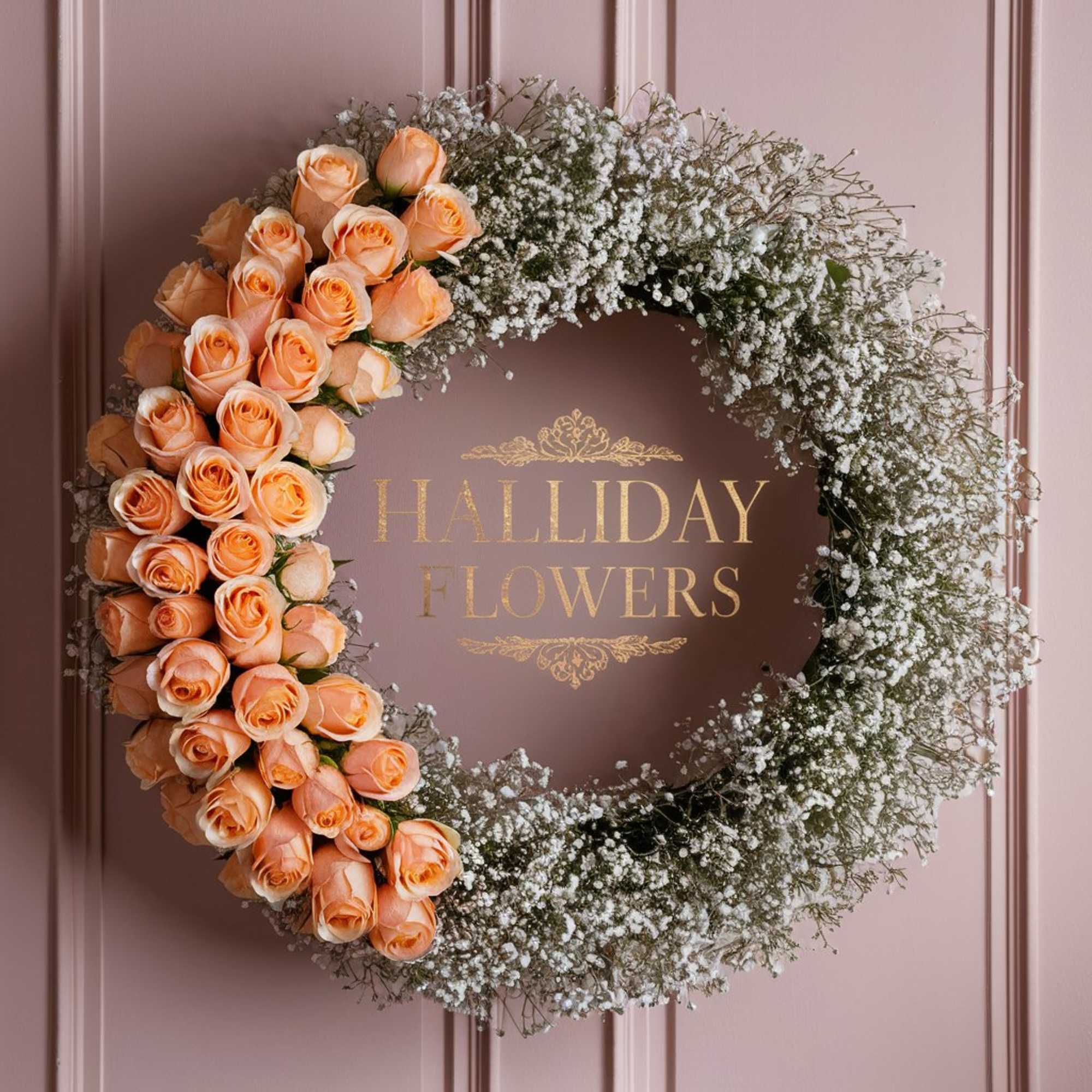 A 24-inch funeral wreath, exquisitely designed with delicate baby's breath and 