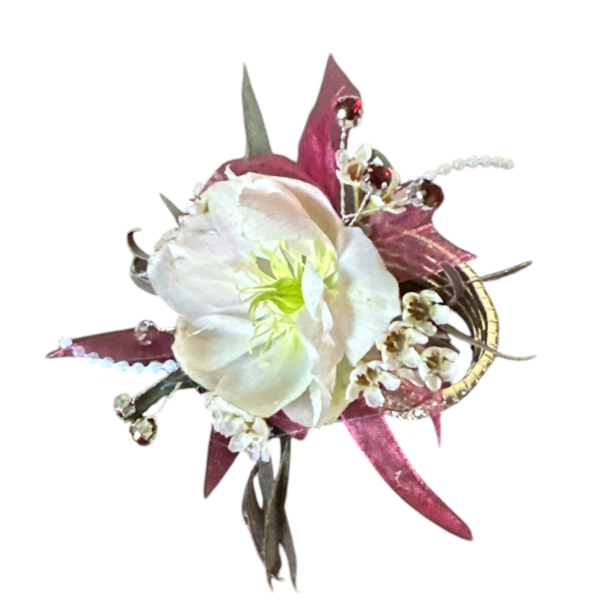 White flower corsage with burgundy accents and bead details