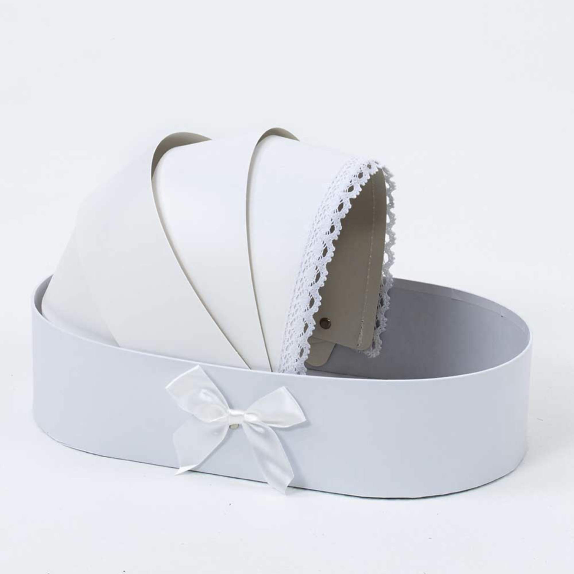 White oval gift box with a satin bow and folded paper inserts