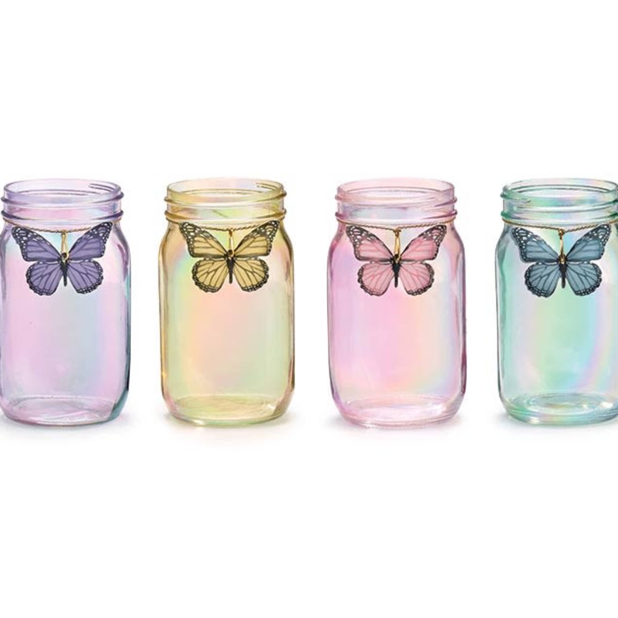 Four iridescent glass jars with butterfly decorations