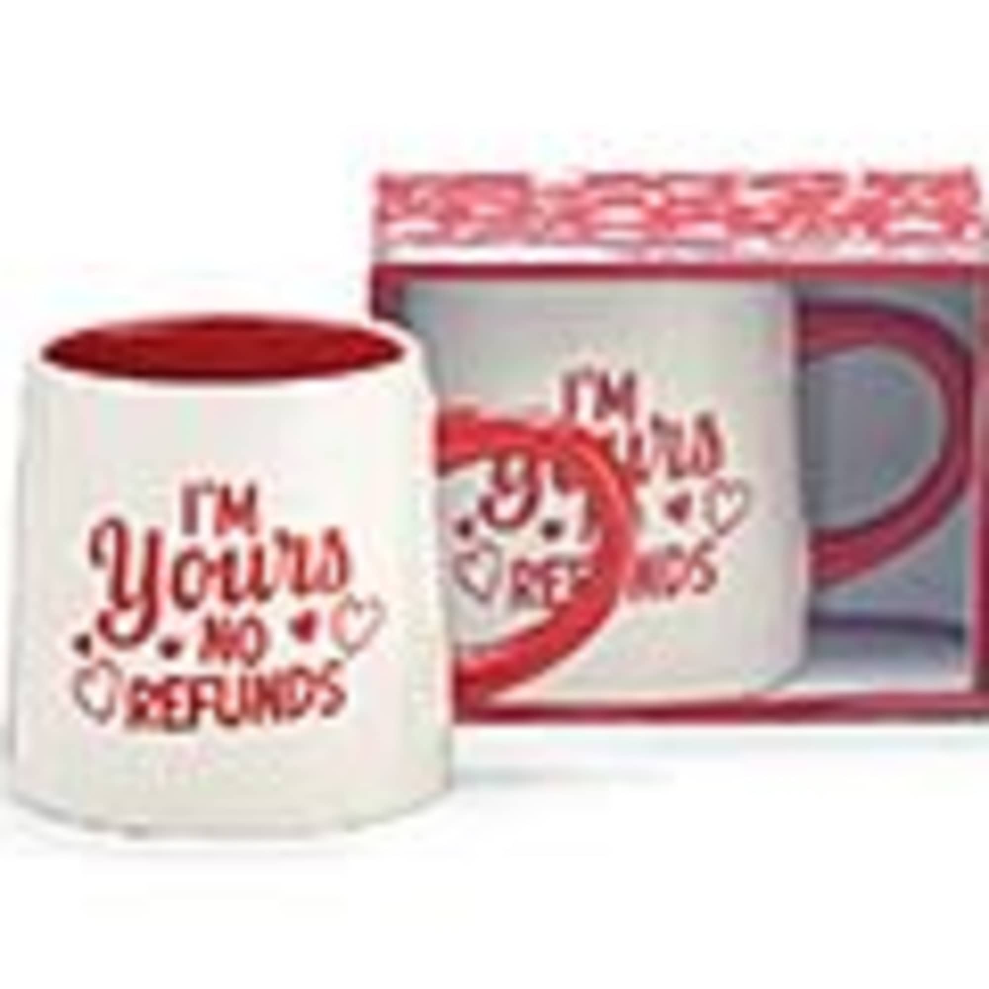 White mug and gift box with pink "I'm Yours No Refunds" text