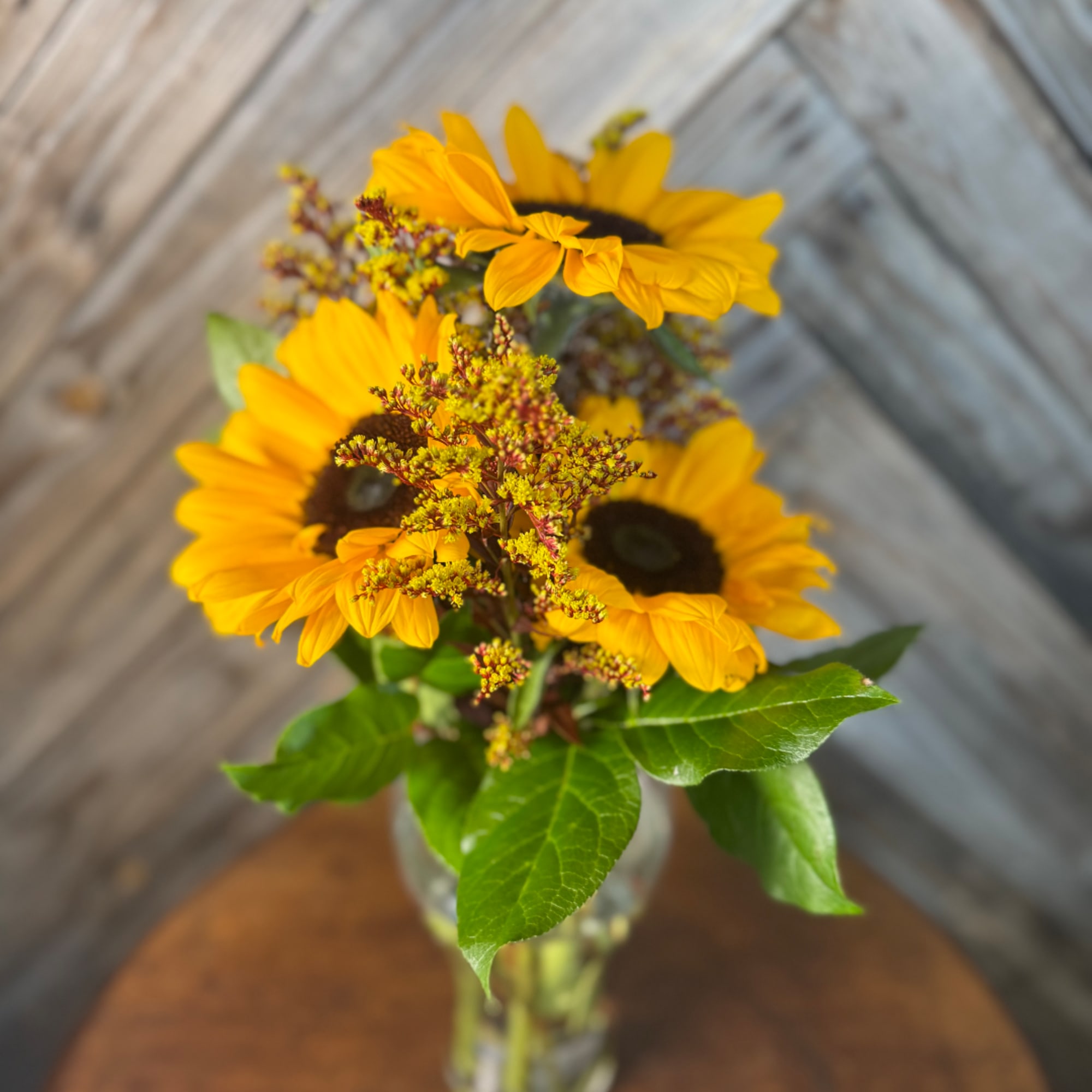 Sunflowers arranged in a clear glass vase