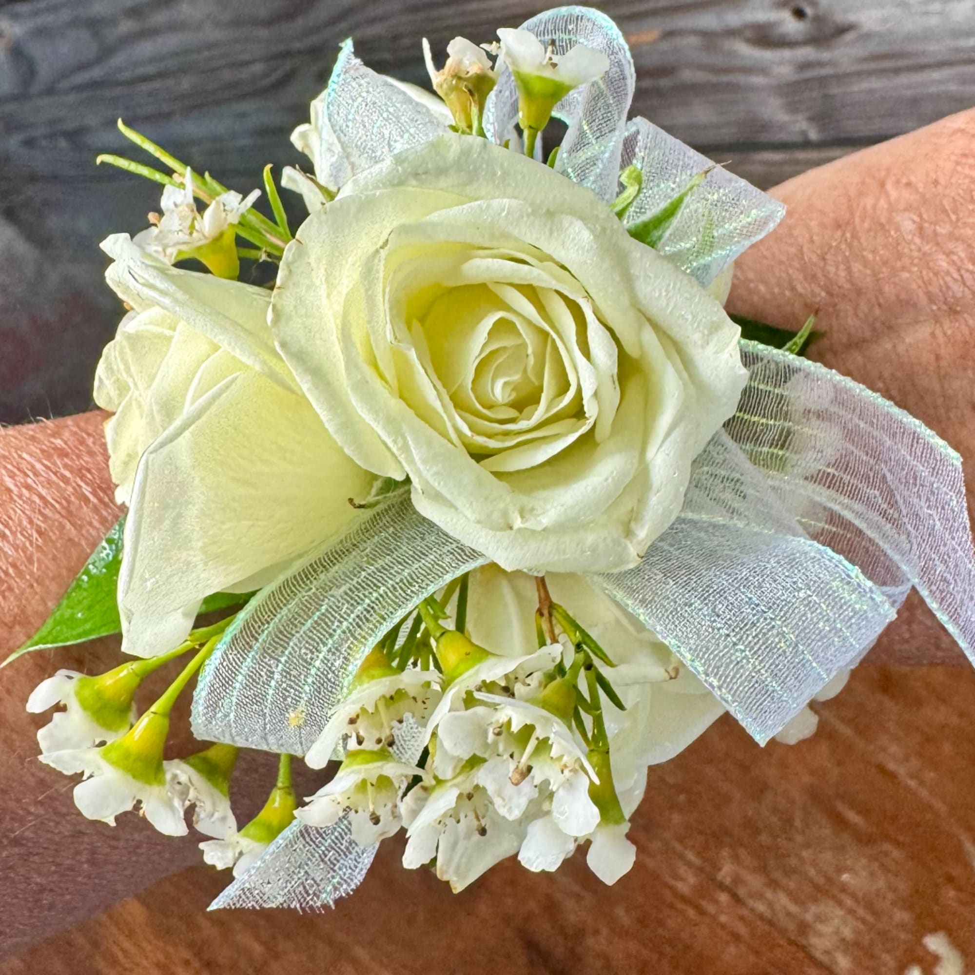 White rose corsage with small white blossoms and a sheer ribbon