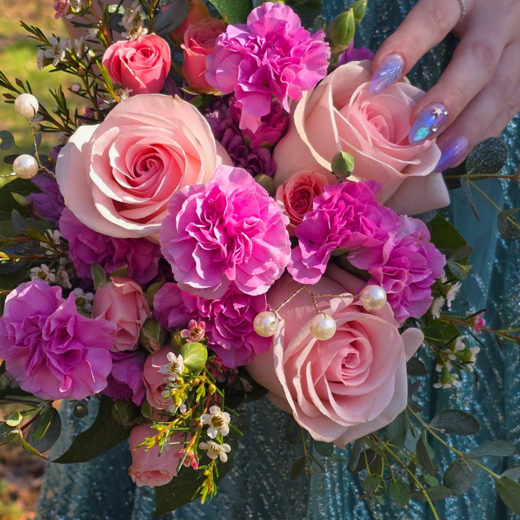 Pink rose and magenta carnation bouquet with pearl accents