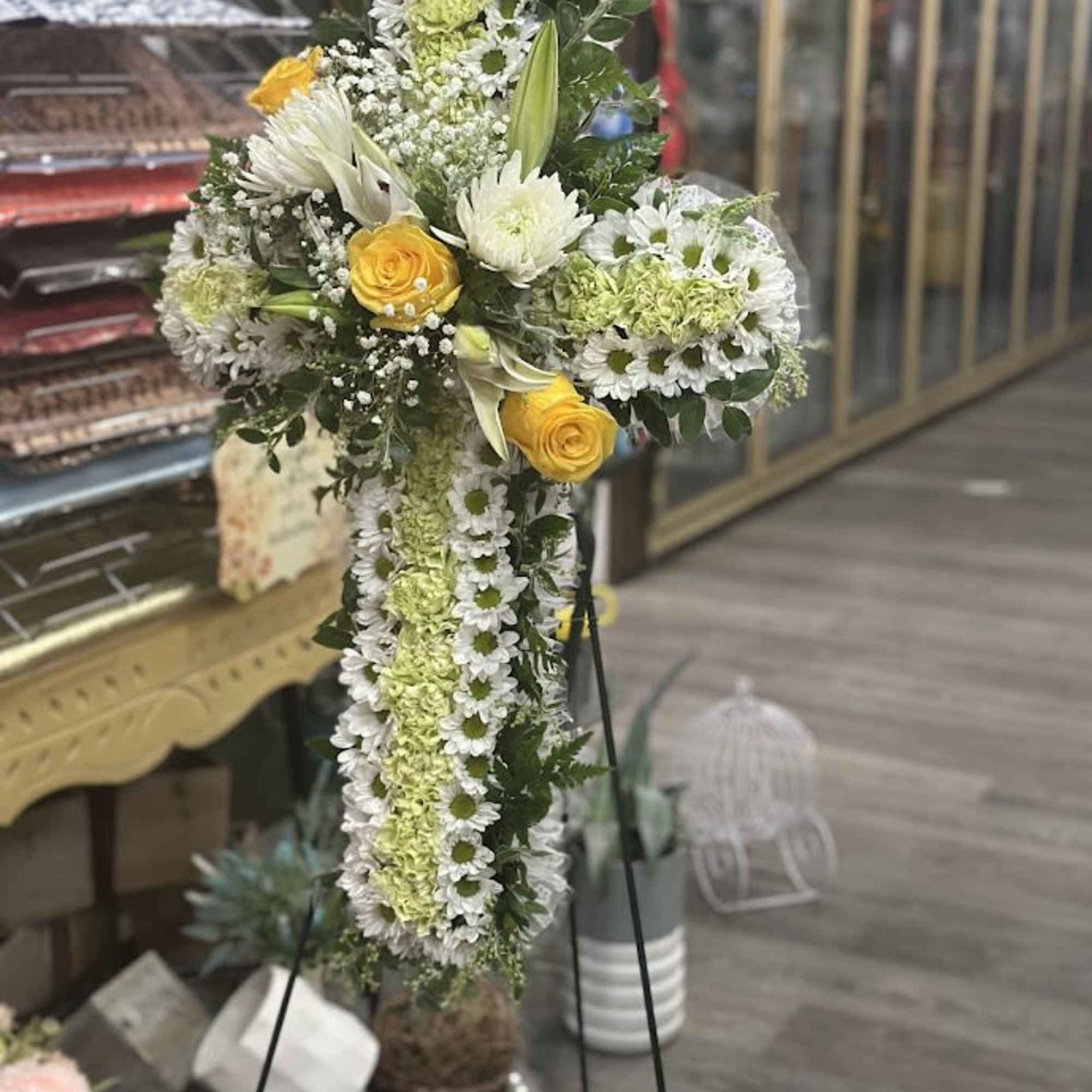 Standing floral cross with white daisies and yellow roses, photo 3 of 3