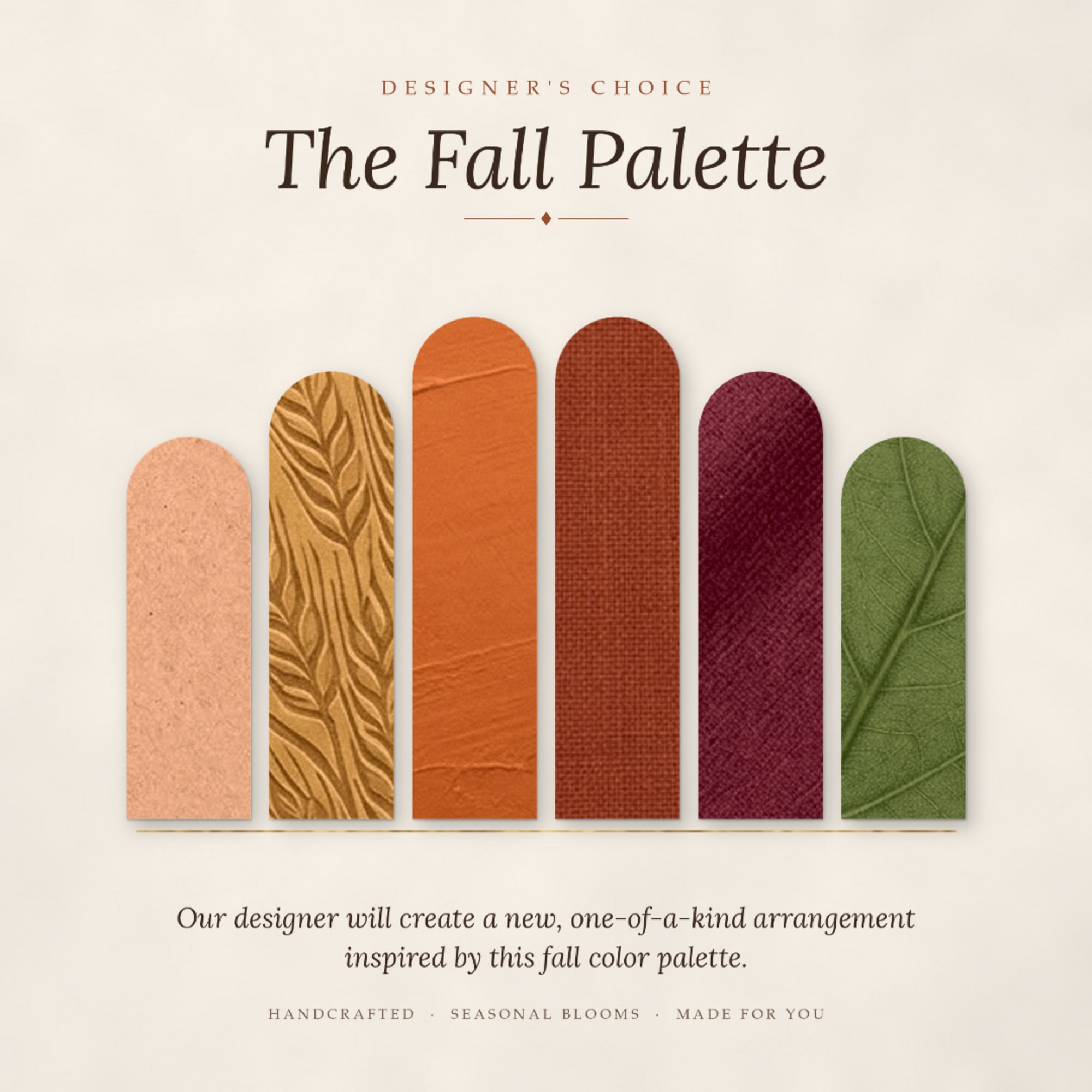Graphic showing a fall color palette with six textured color swatches.