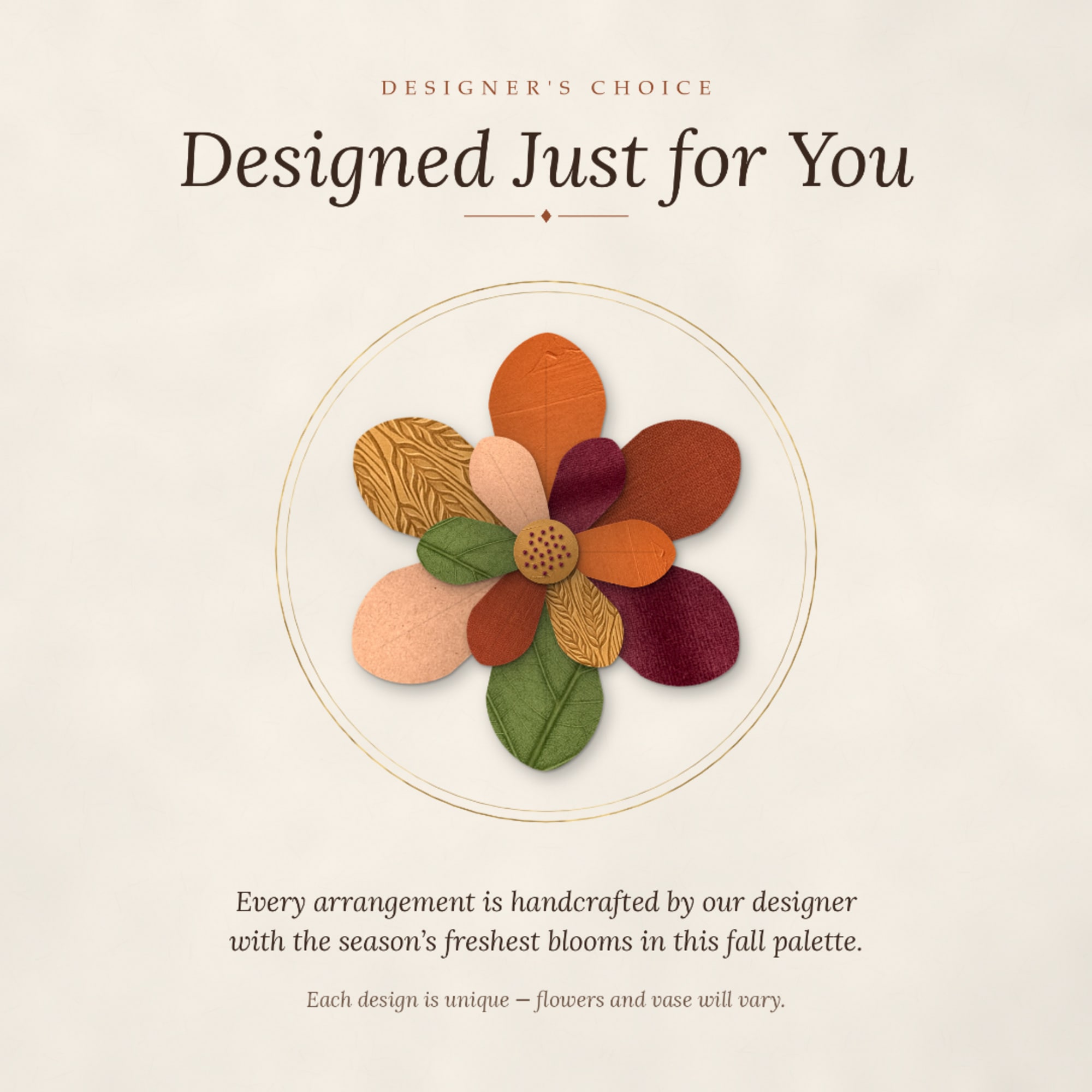 Designer’s choice floral graphic with a fall-colored flower illustration