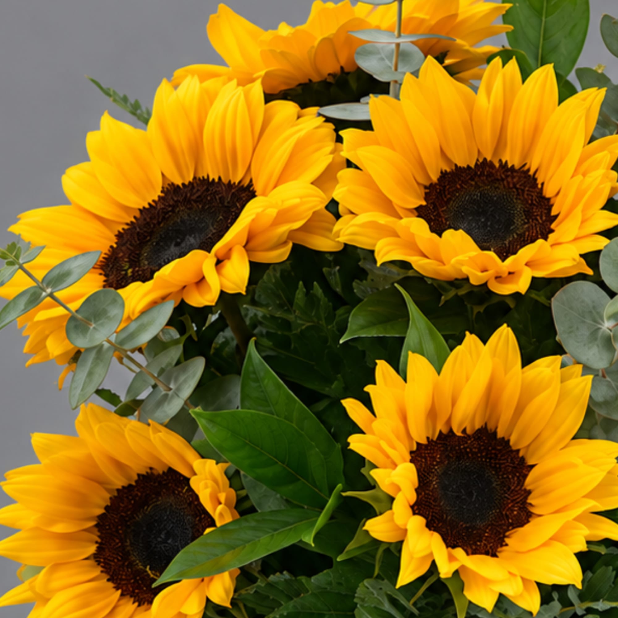 Bouquet of bright yellow sunflowers with green foliage