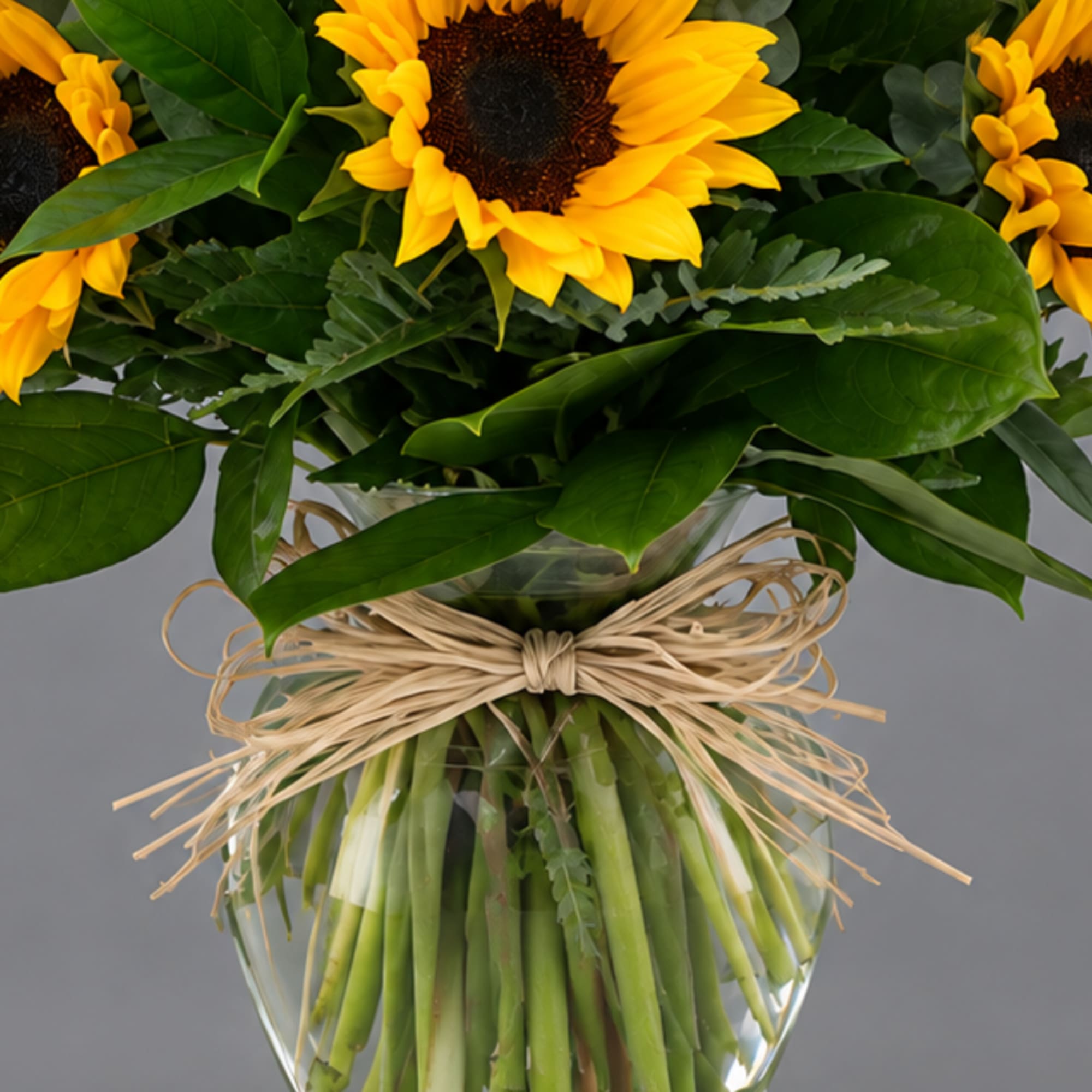 Sunflower bouquet in a clear glass vase tied with raffia