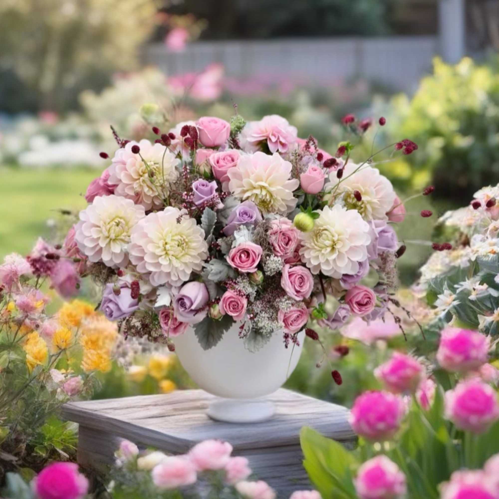 Pink and white flower arrangement in a white vase, photo 4 of 6