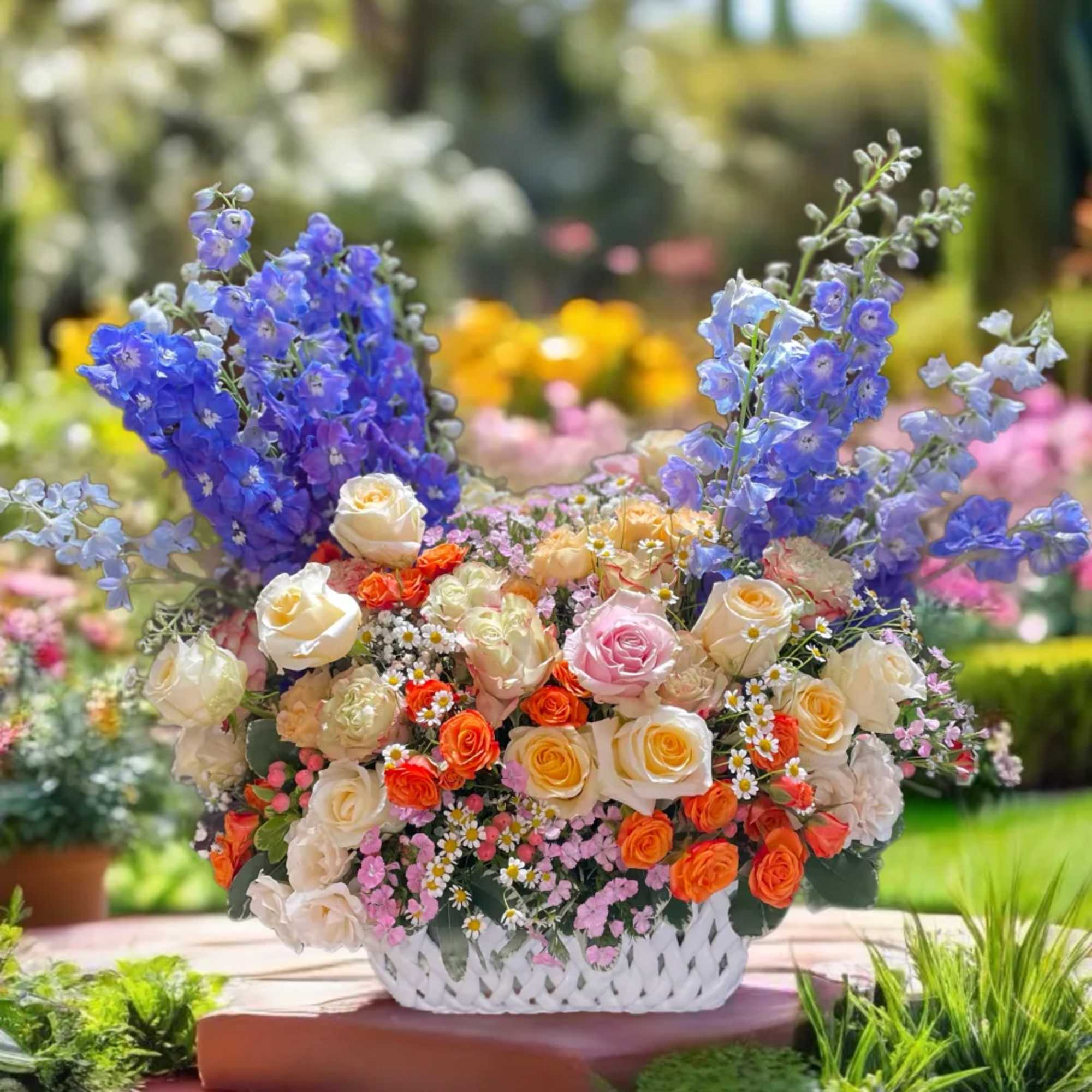 Mixed bouquet of roses and blue delphinium in a white basket