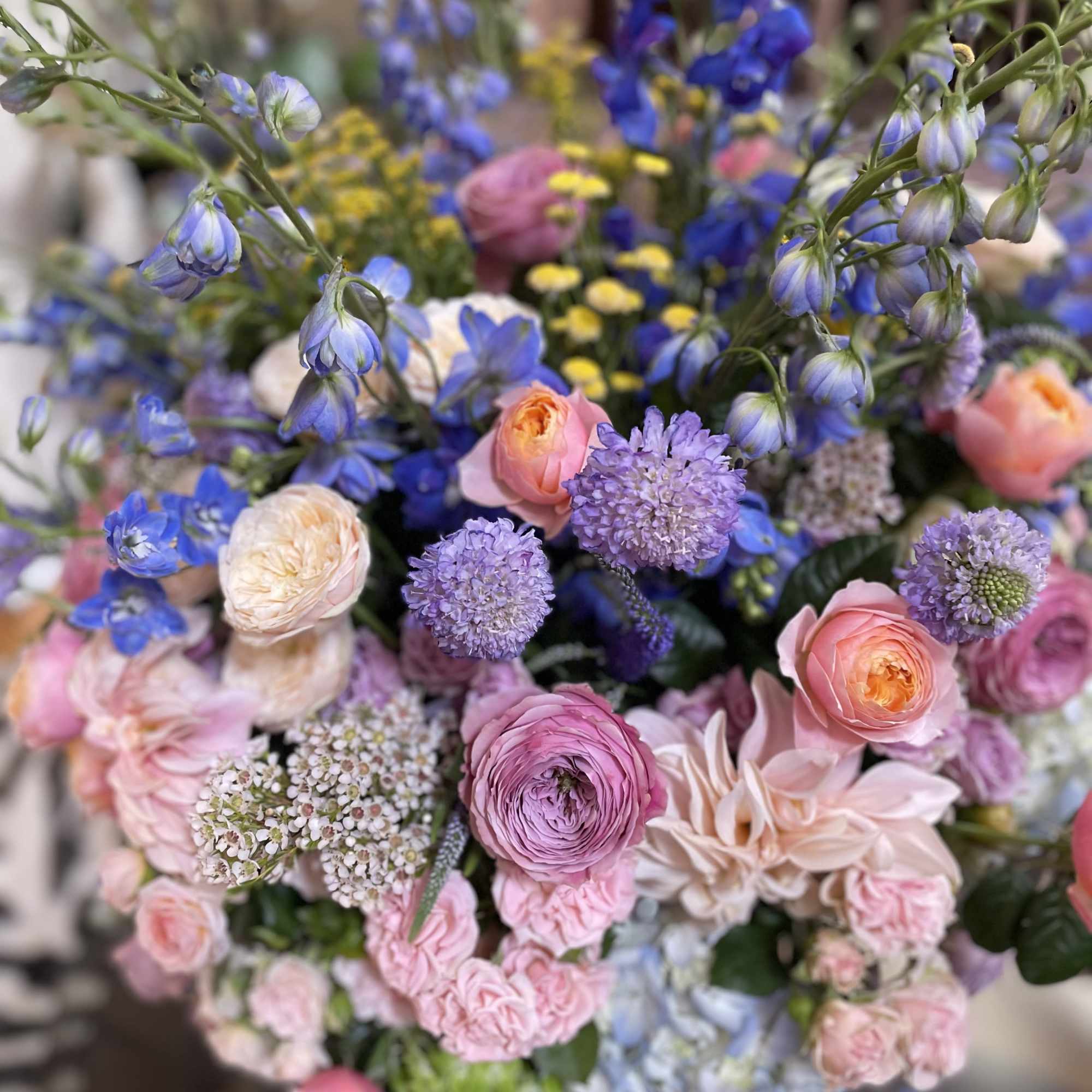 Mixed bouquet with pink, purple, and blue flowers