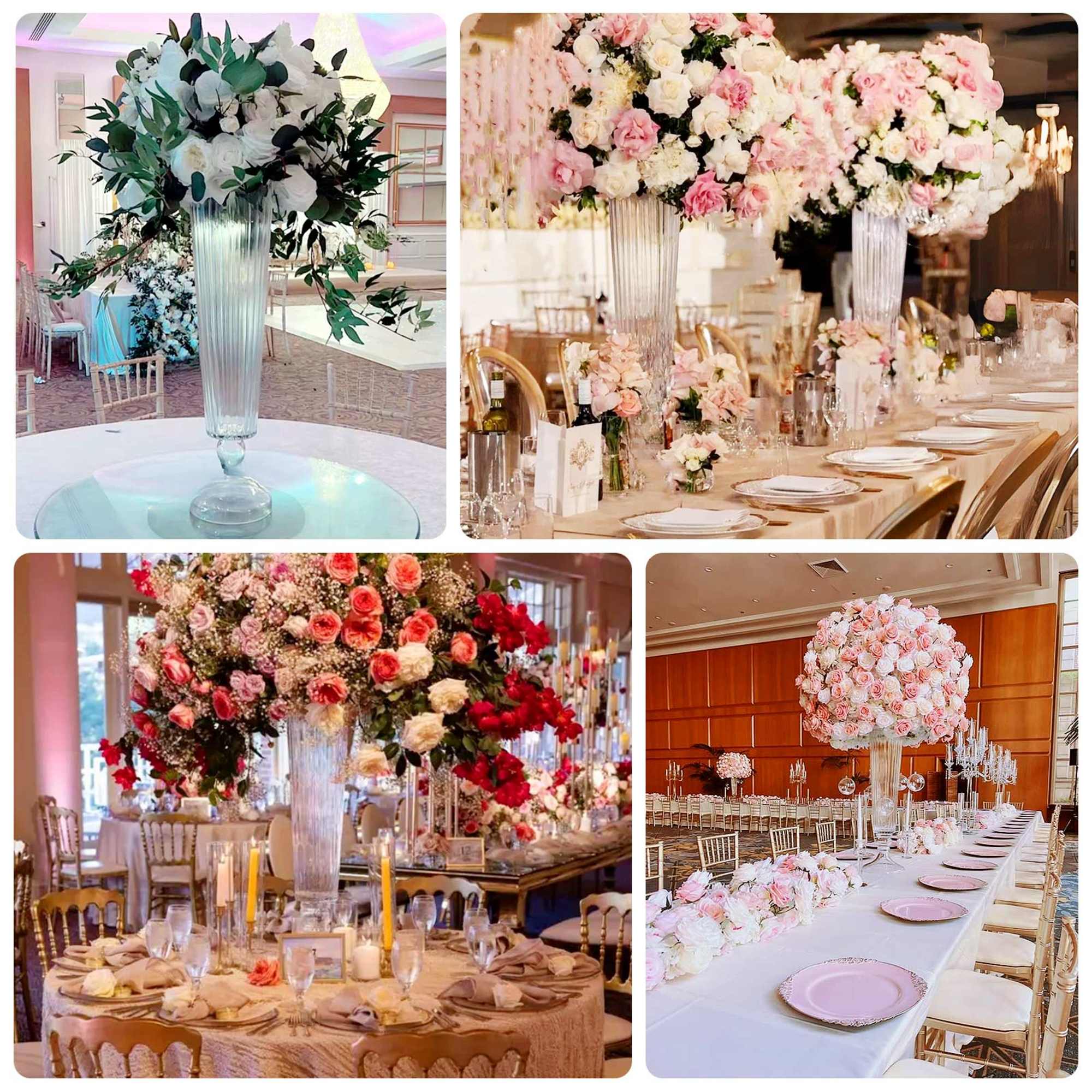 Tall floral centerpieces with pink and white roses at decorated banquet tables