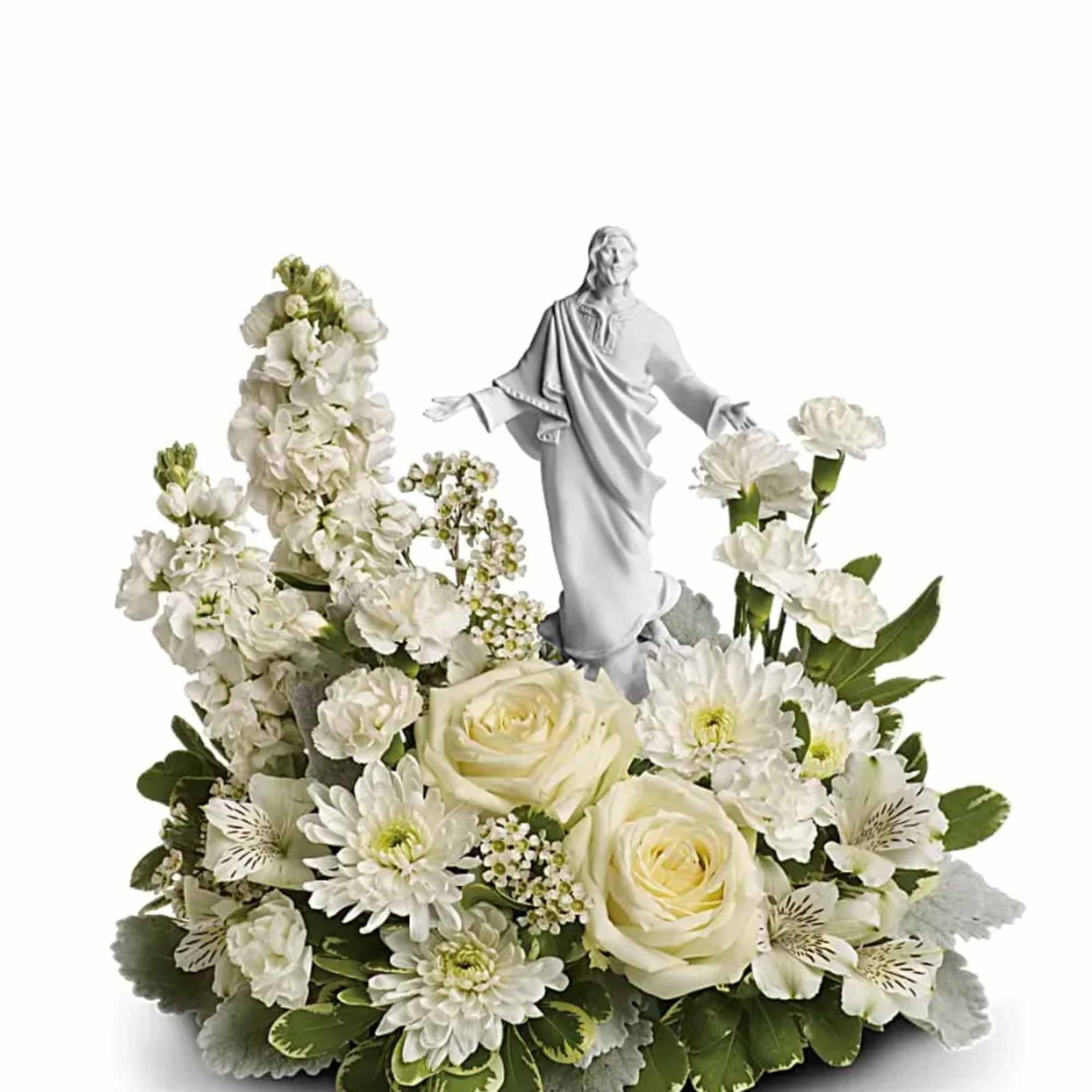 An elegant display of faith and grace, this beautiful arrangement will comfort
