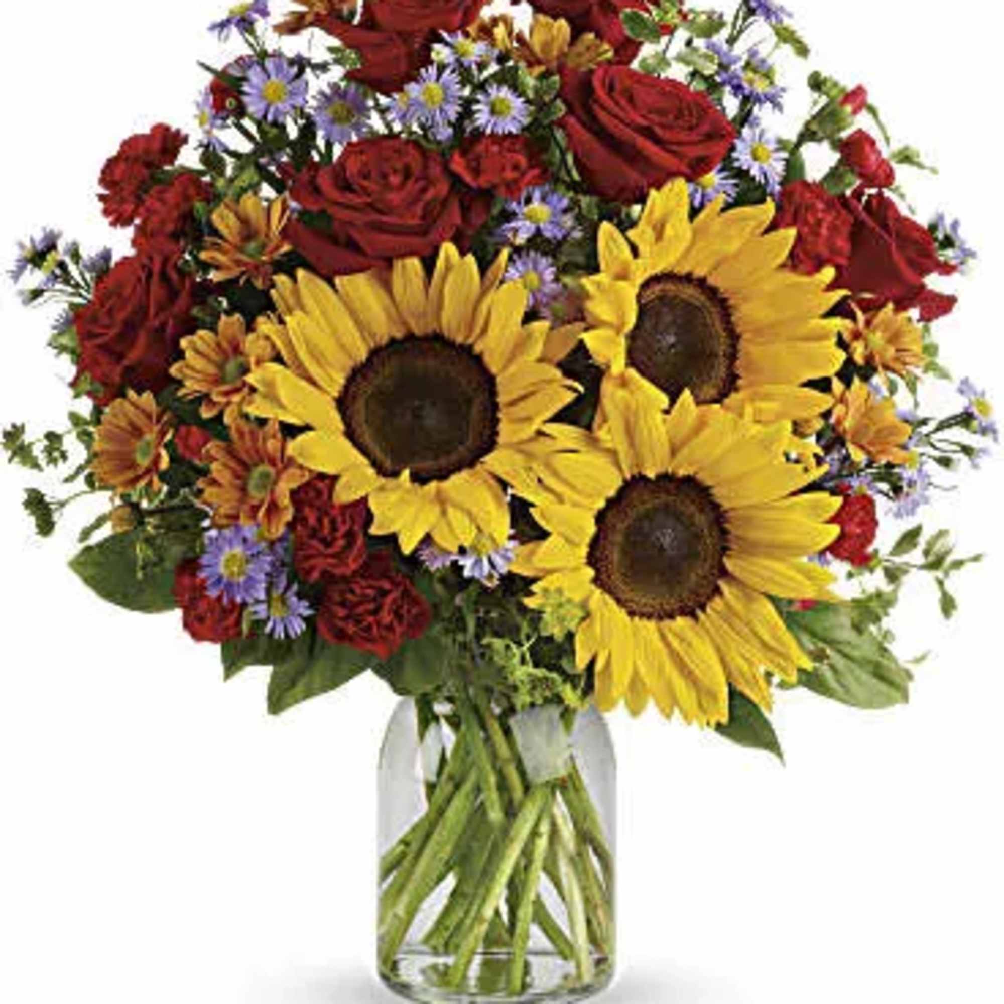 A sunny sunflower bouquet gets an autumnal spin with the addition of