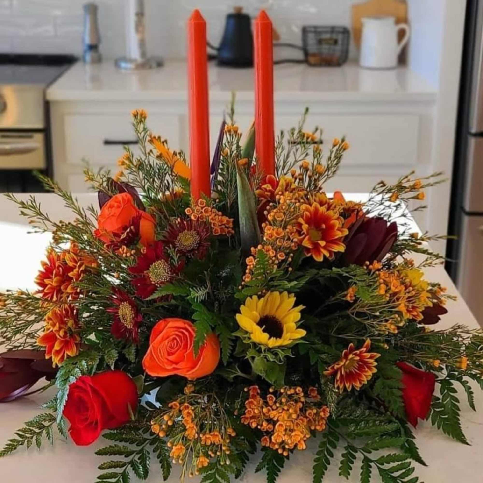 Elevate your Thanksgiving table with the Autumn Blaze Bouquet, a stunning centerpiece