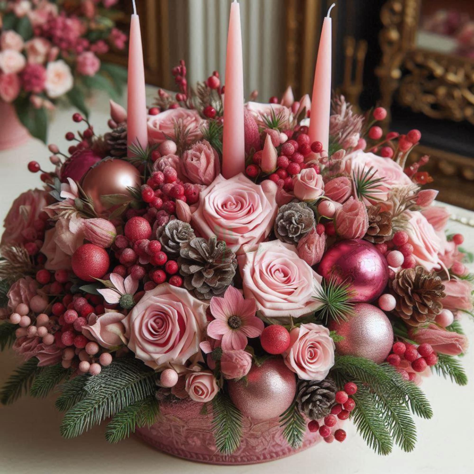 Blushing Beauty is a charming and romantic centerpiece that radiates warmth and