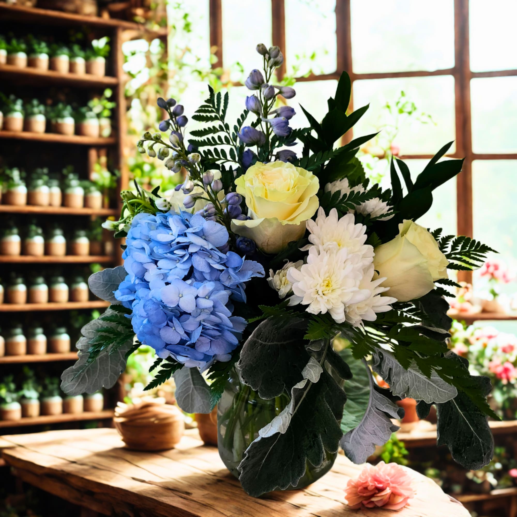 Bouquet of blue hydrangeas, pale roses, and white daisies in a glass vase