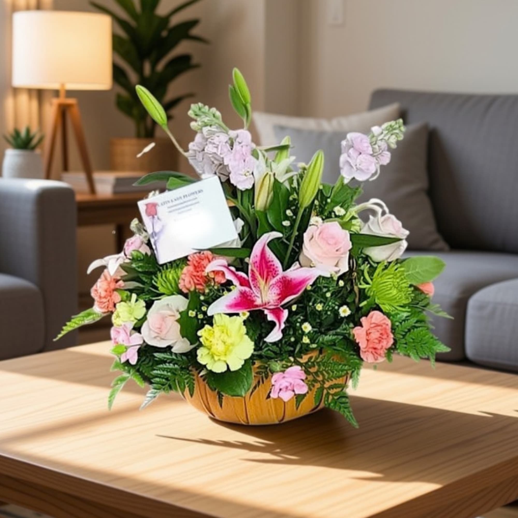 Mixed bouquet in a pumpkin-shaped container with pink and white flowers