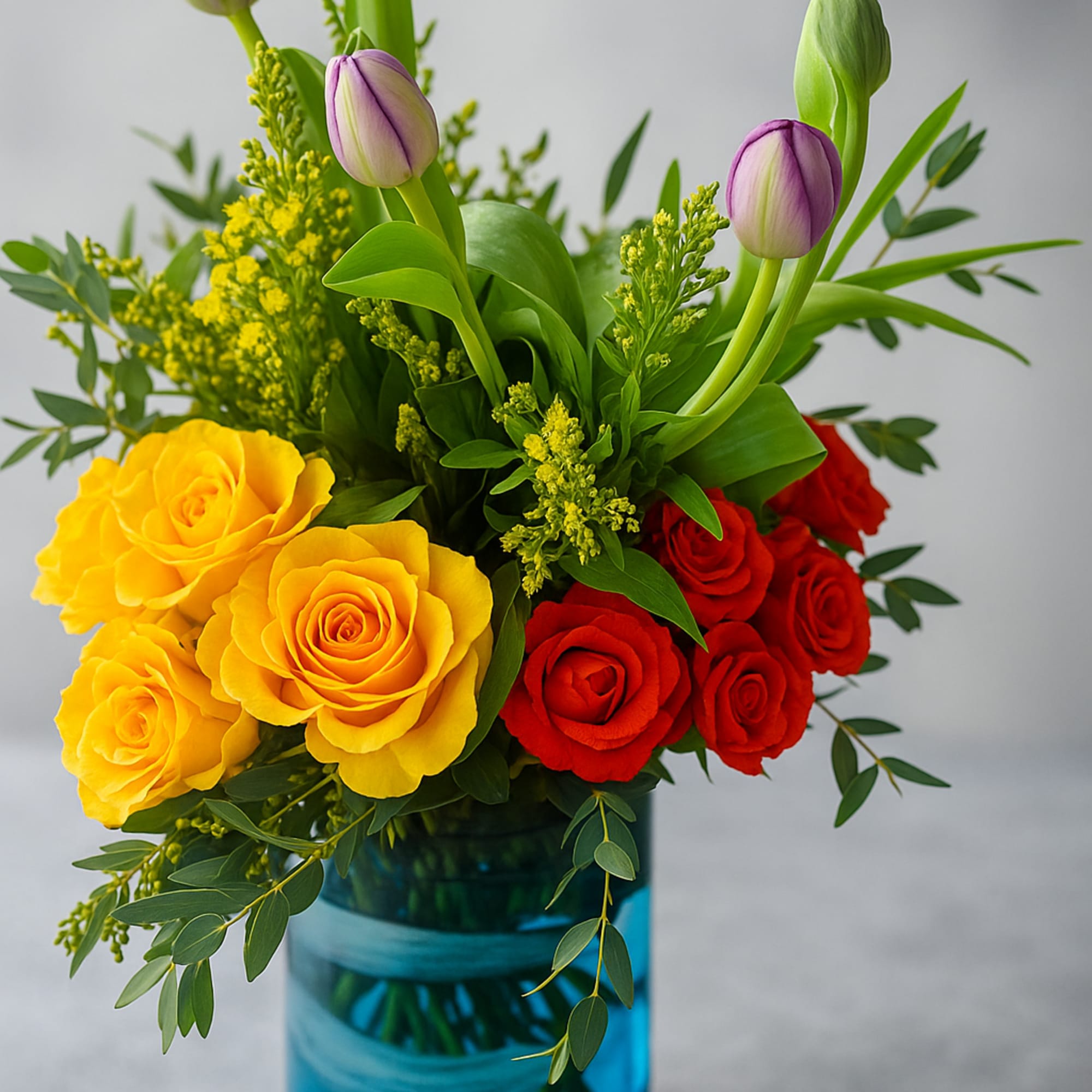 Bouquet of yellow and red roses with purple tulips in a blue vase