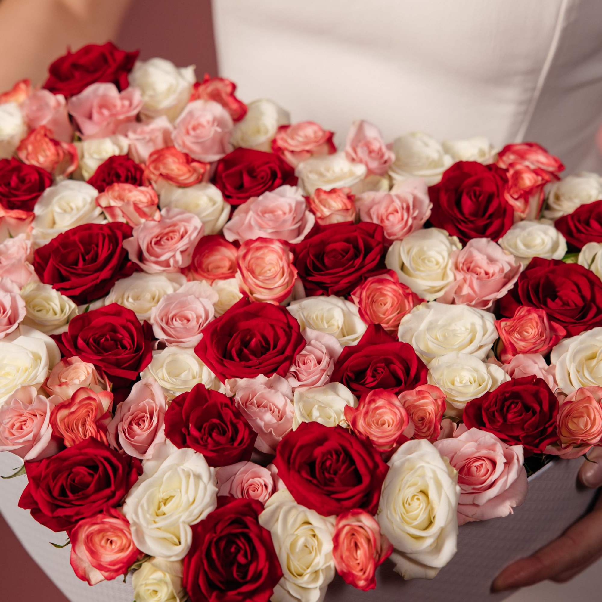 Large box of red, pink, and white roses held by a person in a white dress