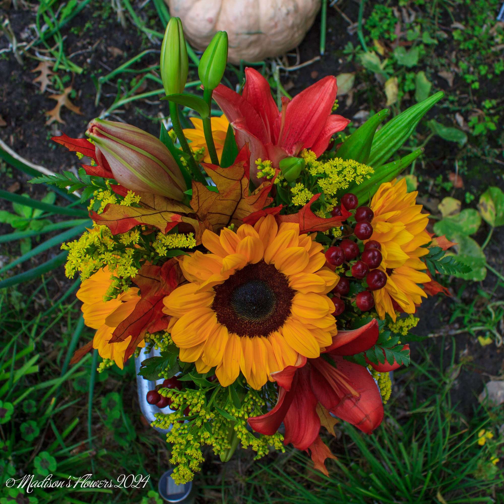 Autumn bouquet with sunflowers, red lilies, and berries, photo 5 of 5