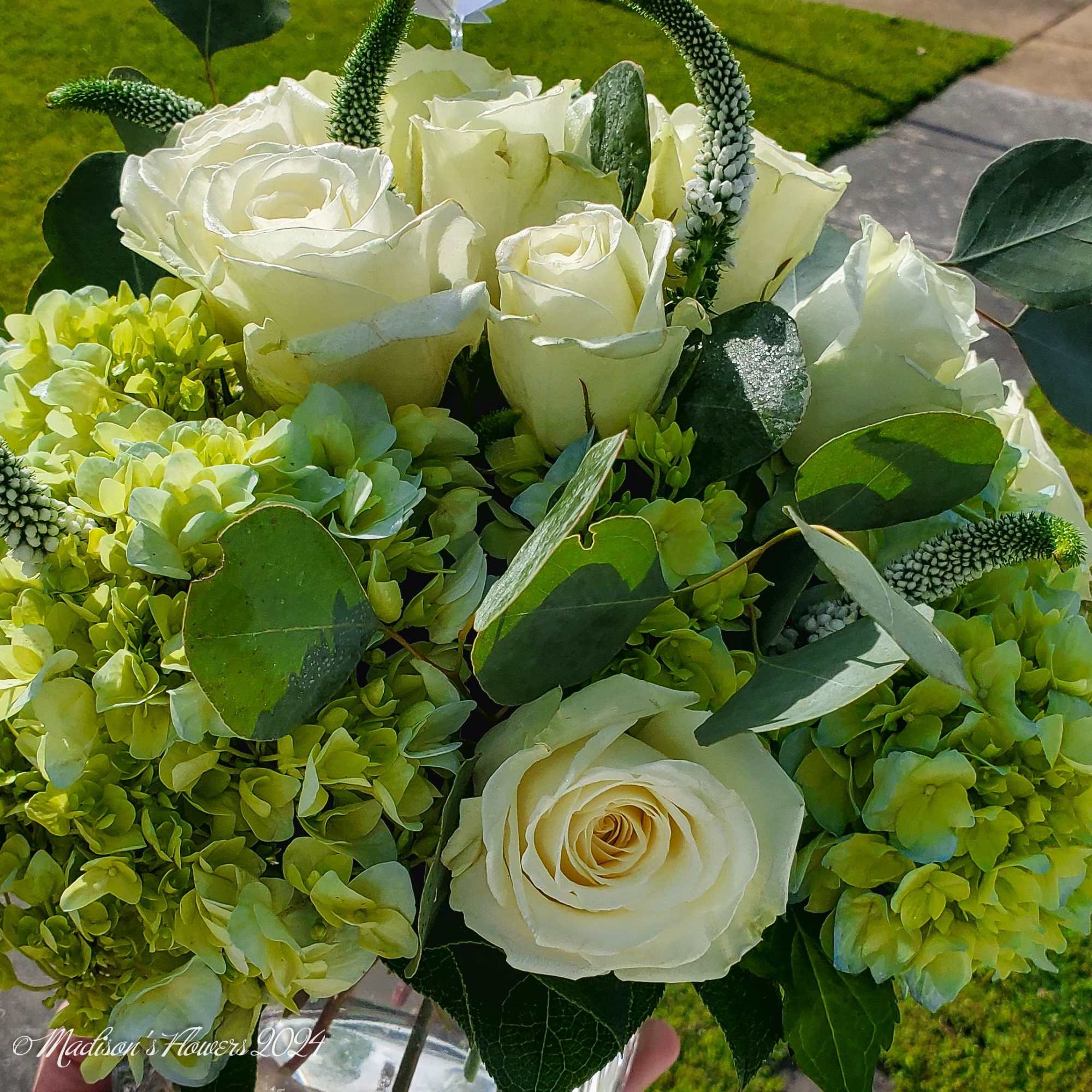 Classic round table-top arrangement featuring cream colored roses, accent flowers in soft, photo 4 of 4