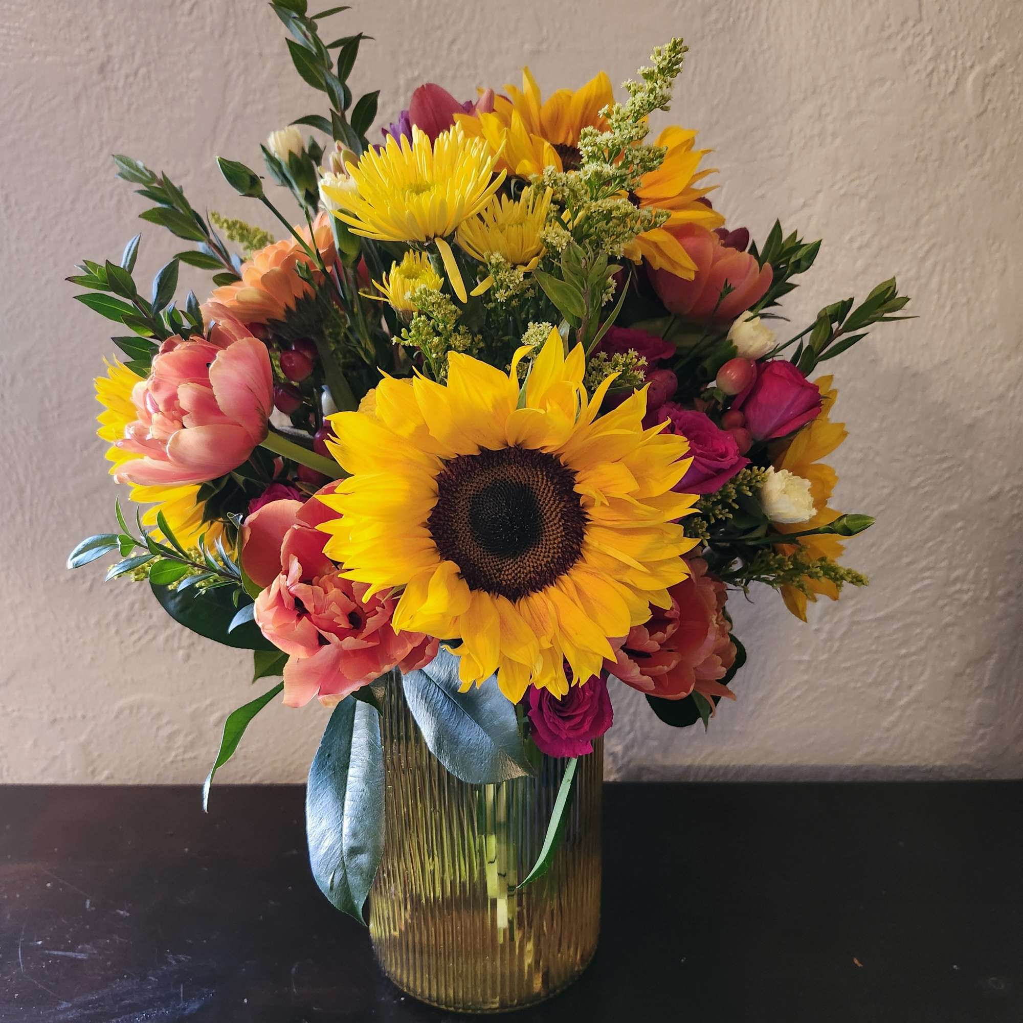 Beautiful sunflowers with bright tulips and a touch of hot pink sweetheart, photo 2 of 2