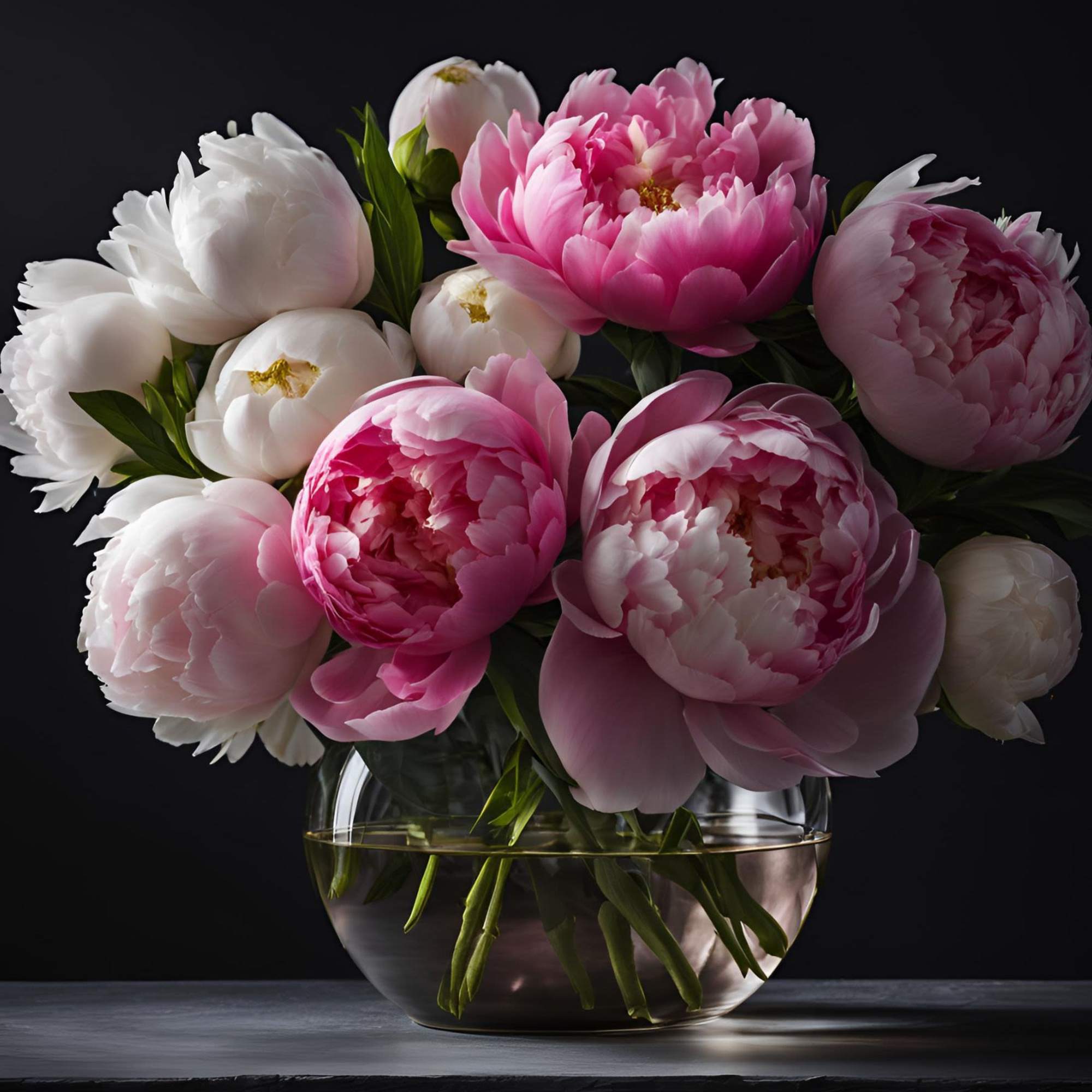 Pink and white peonies arranged in a clear glass vase