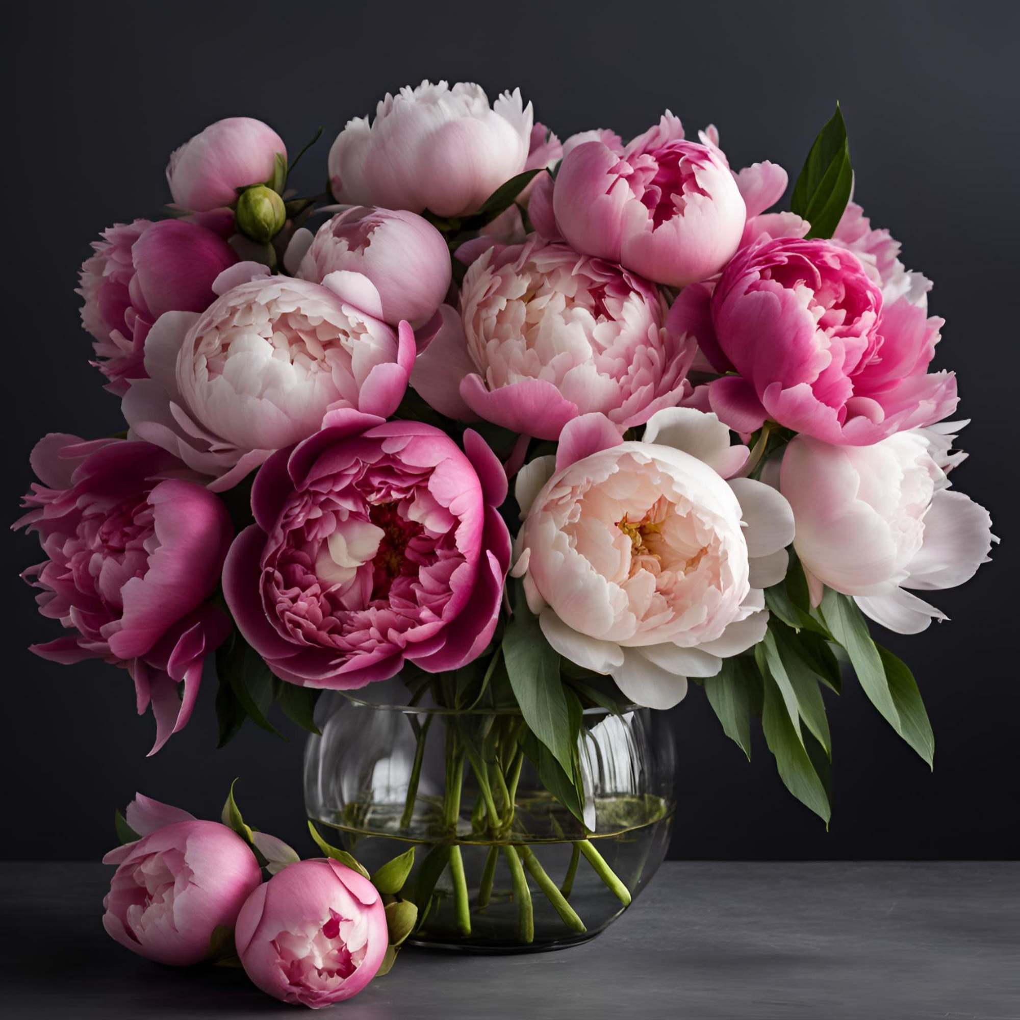 Pink and white peonies in a clear glass vase