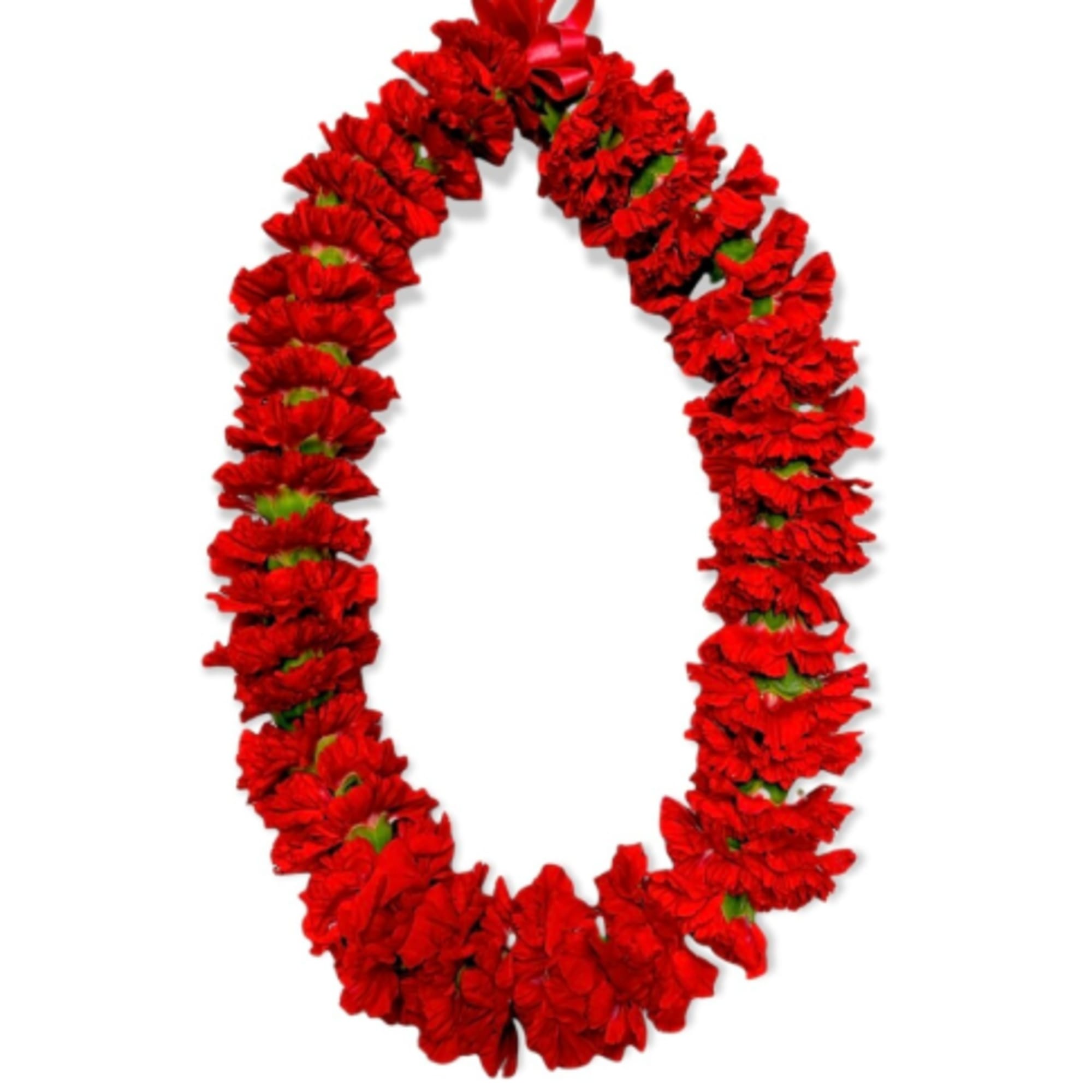 Red flower lei with a satin ribbon bow
