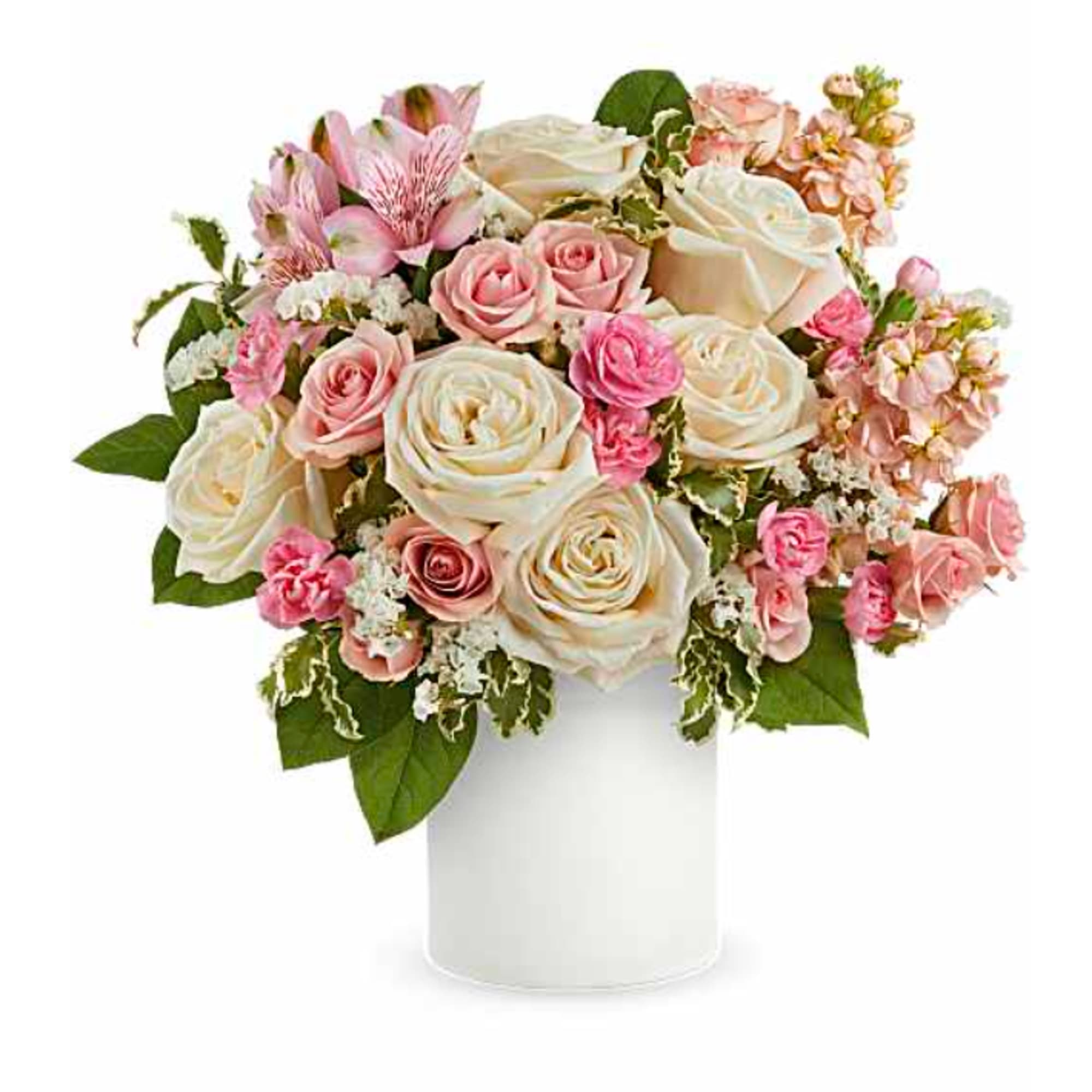 Pink and white rose bouquet in a white vase