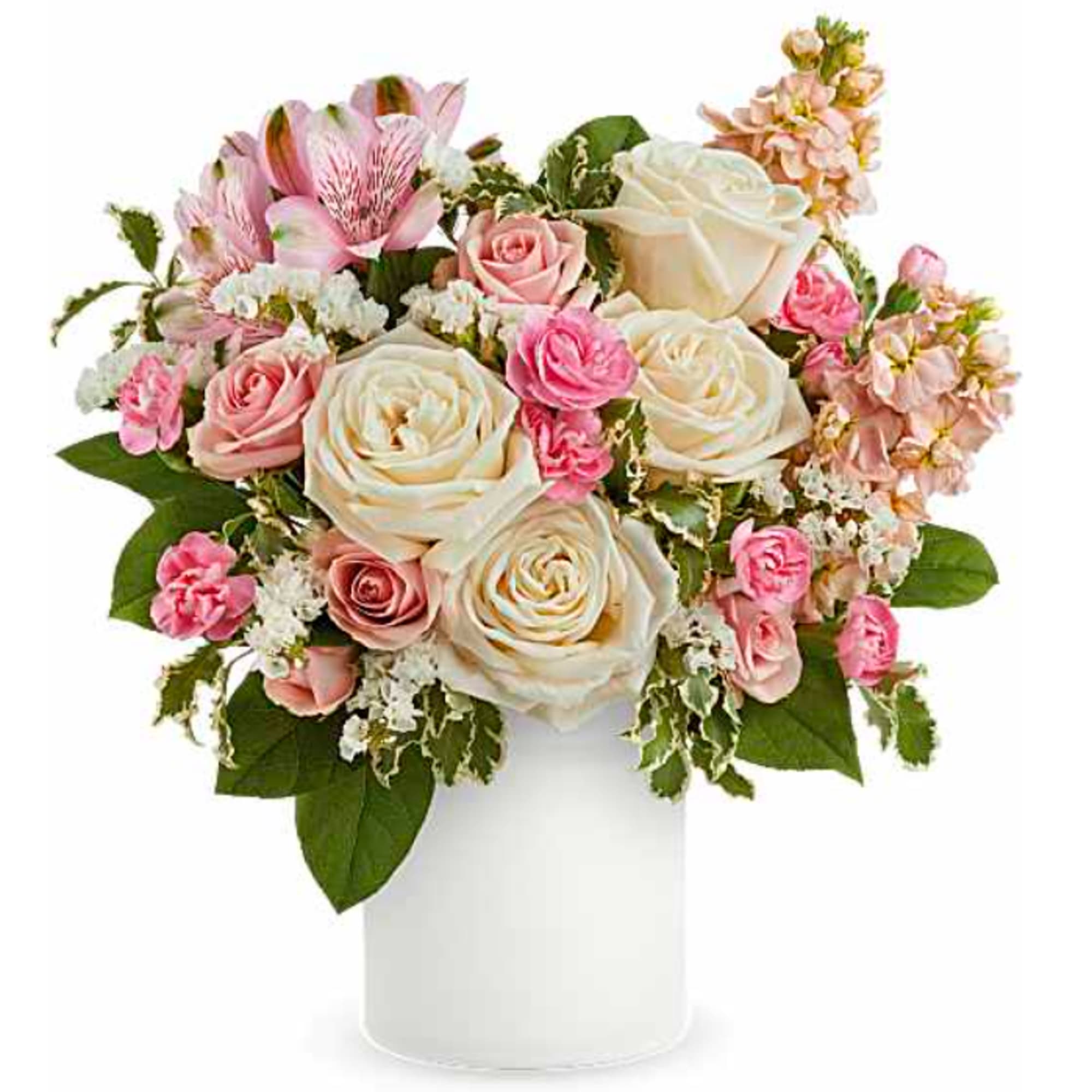Pink and white rose bouquet in a white vase