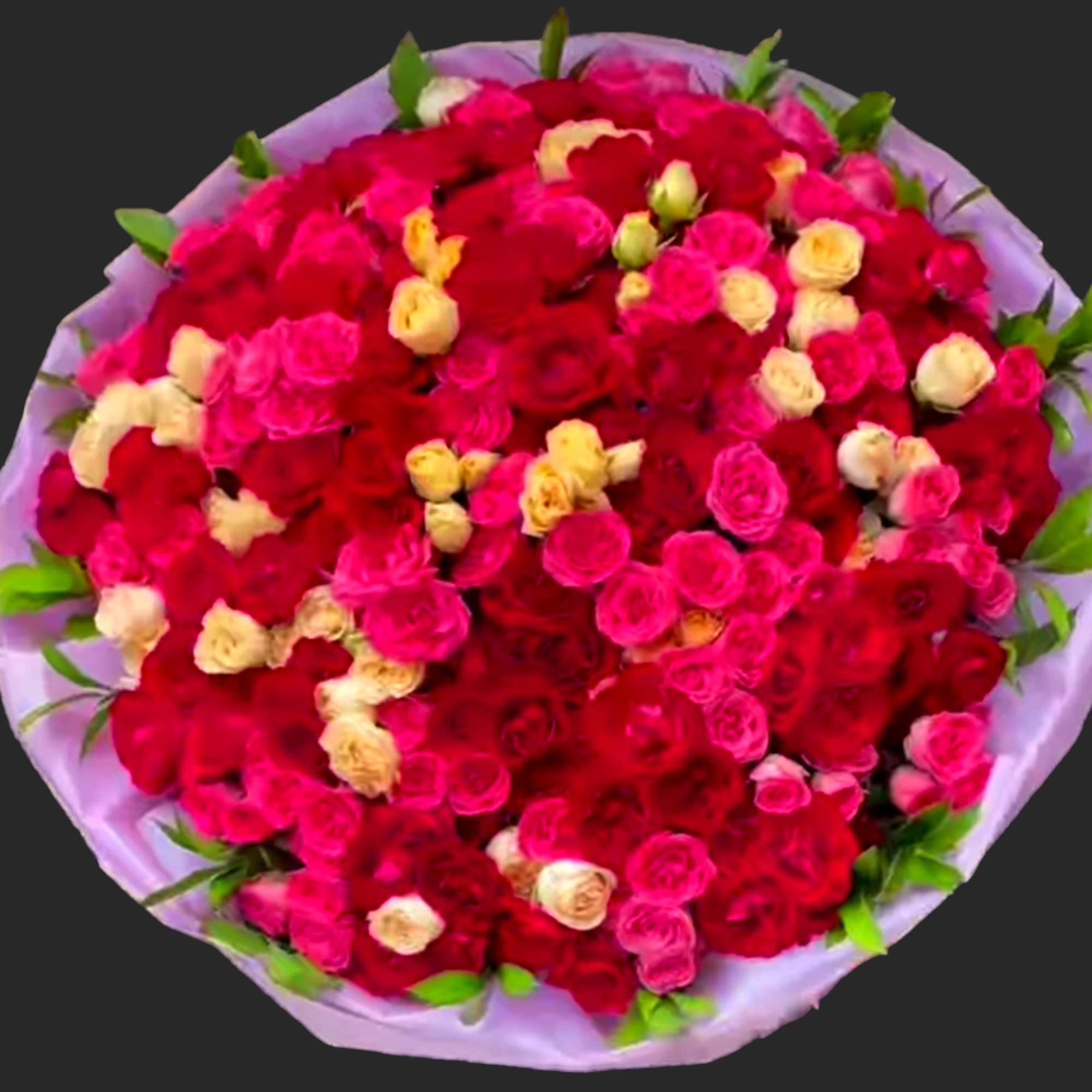 Large bouquet of red, pink, and cream roses wrapped in lavender paper