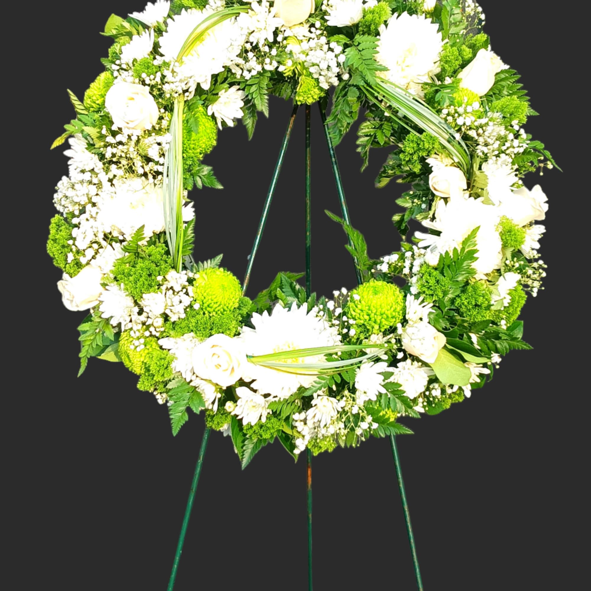 A beautiful white and green tribute wreath that calms, this easel arrangement, photo 3 of 5