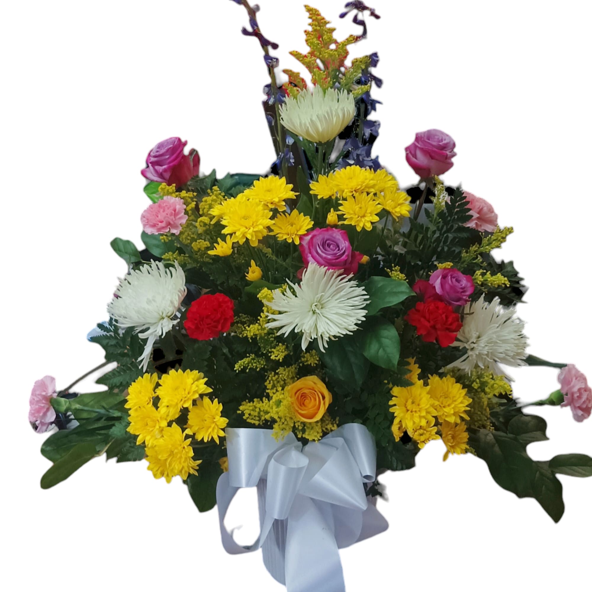 Mixed bouquet with roses, chrysanthemums, and carnations tied with a white ribbon