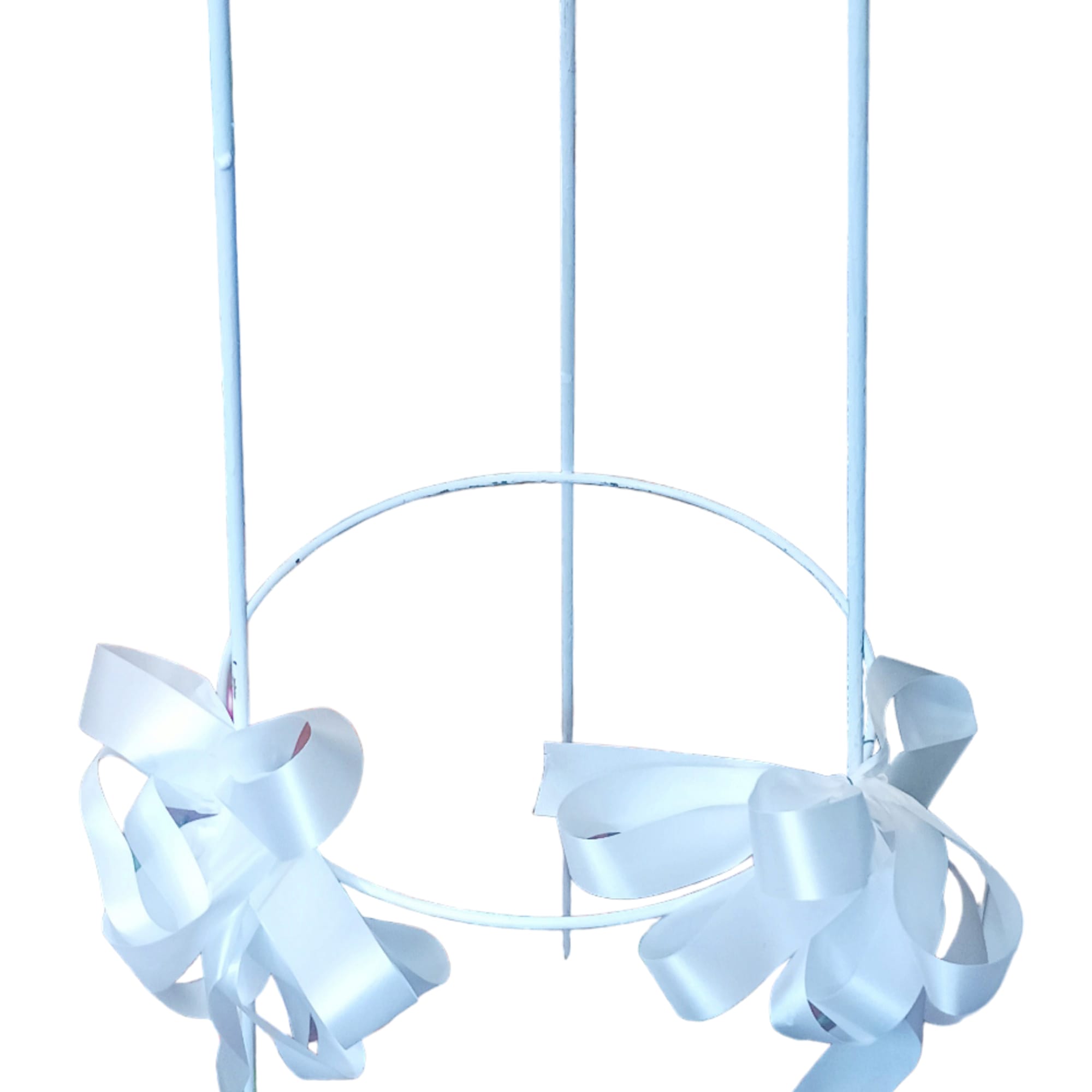 Light blue metal floral stand with two ribbon bows