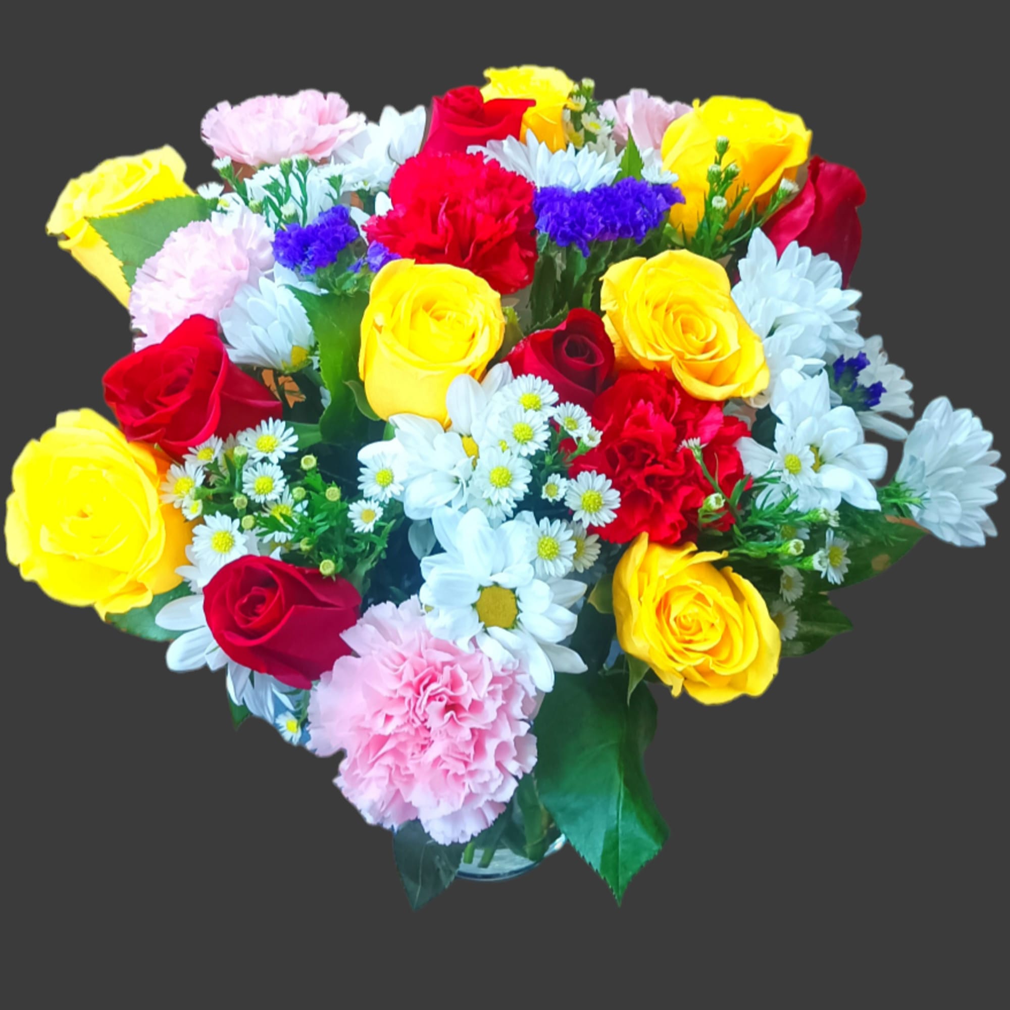 Mixed bouquet of roses, carnations, and daisies in bright colors, photo 3 of 4