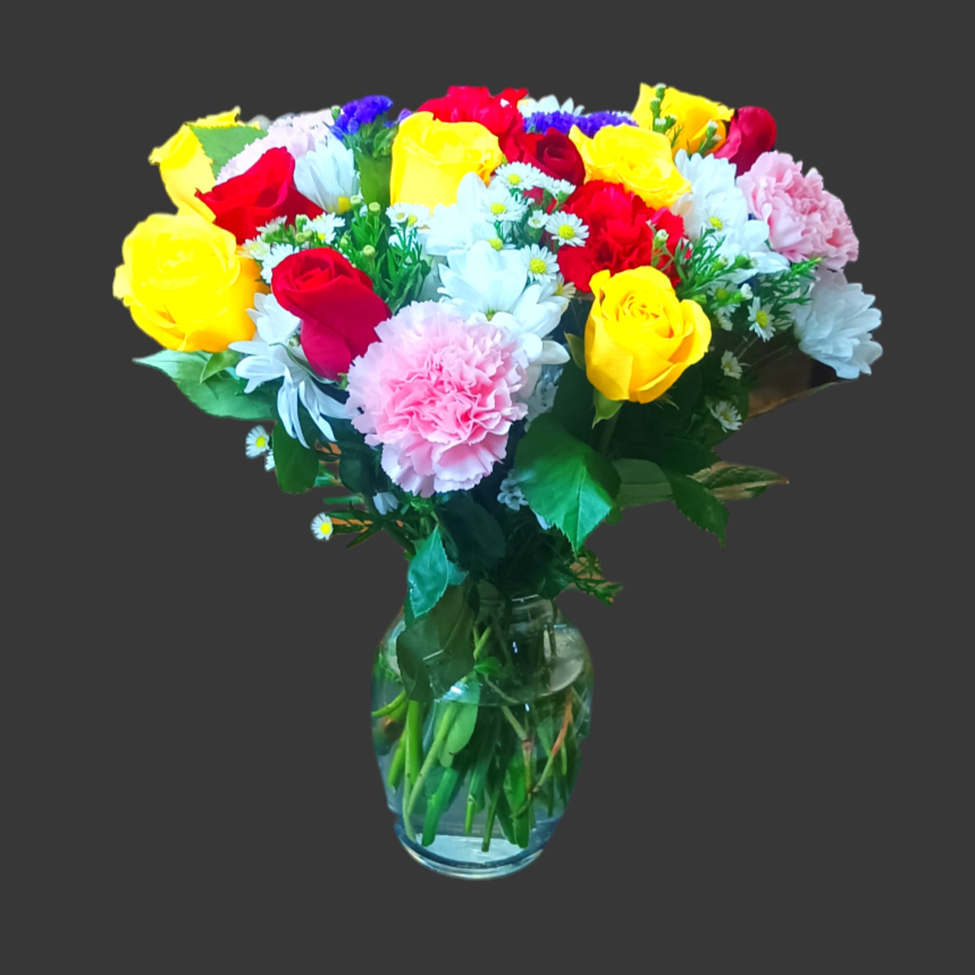Mixed bouquet of roses, carnations, and daisies in a glass vase, photo 4 of 4