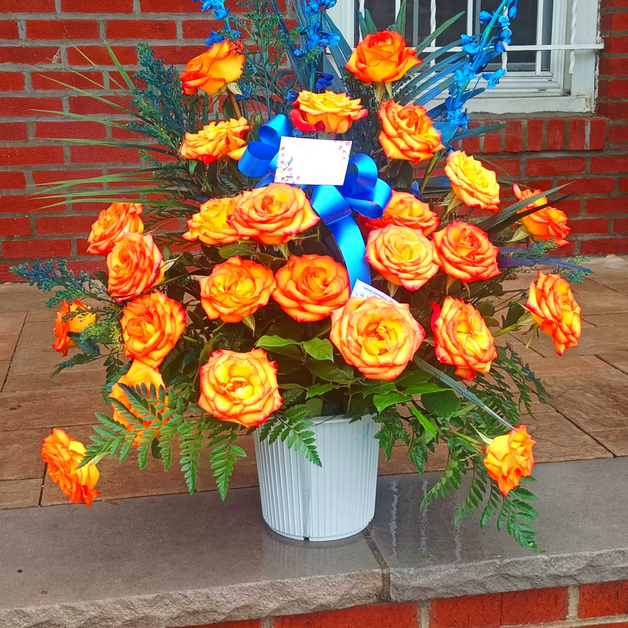 Orange roses in a white pot with blue accent flowers and ribbon