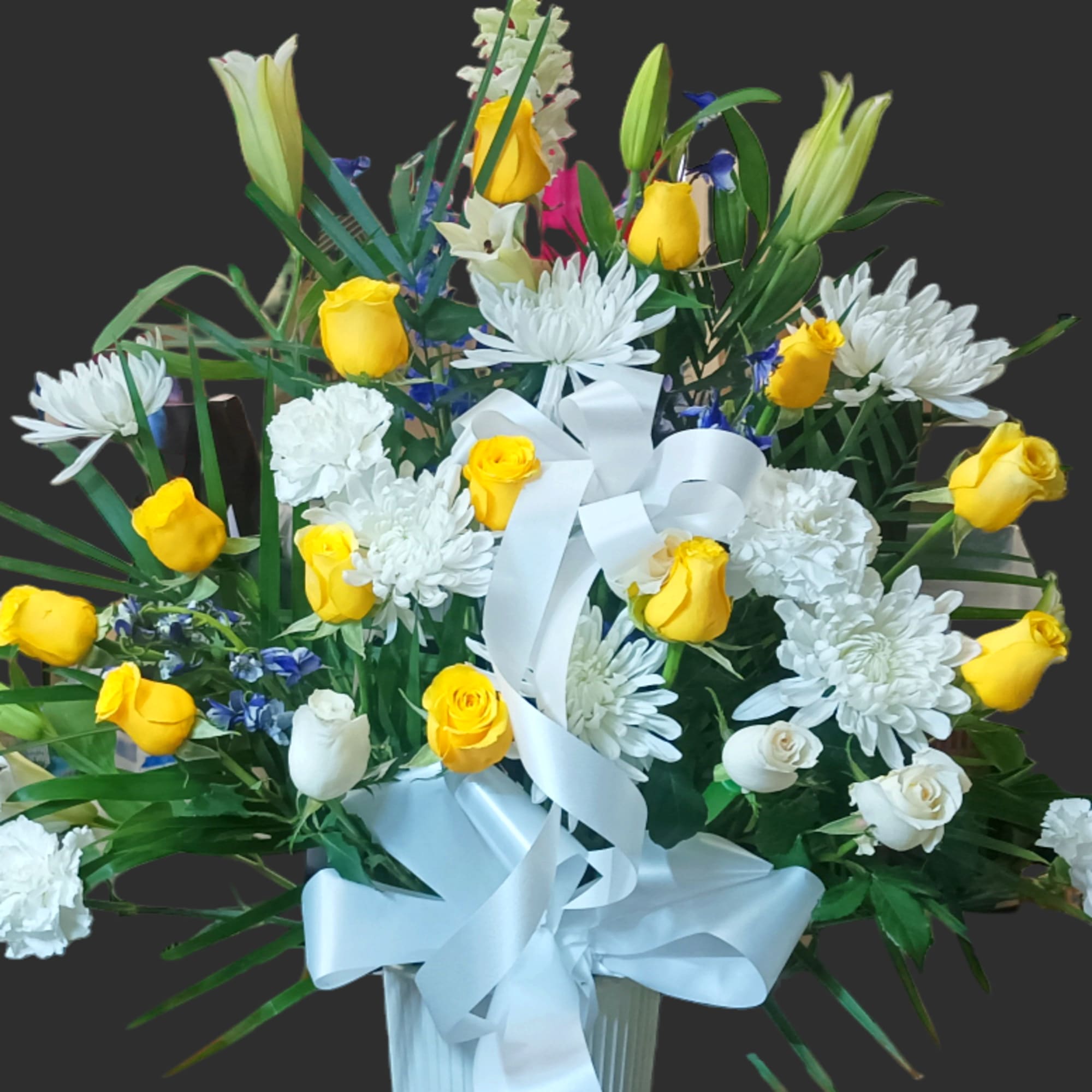 Yellow roses and white chrysanthemums in a white vase with a ribbon, photo 2 of 5