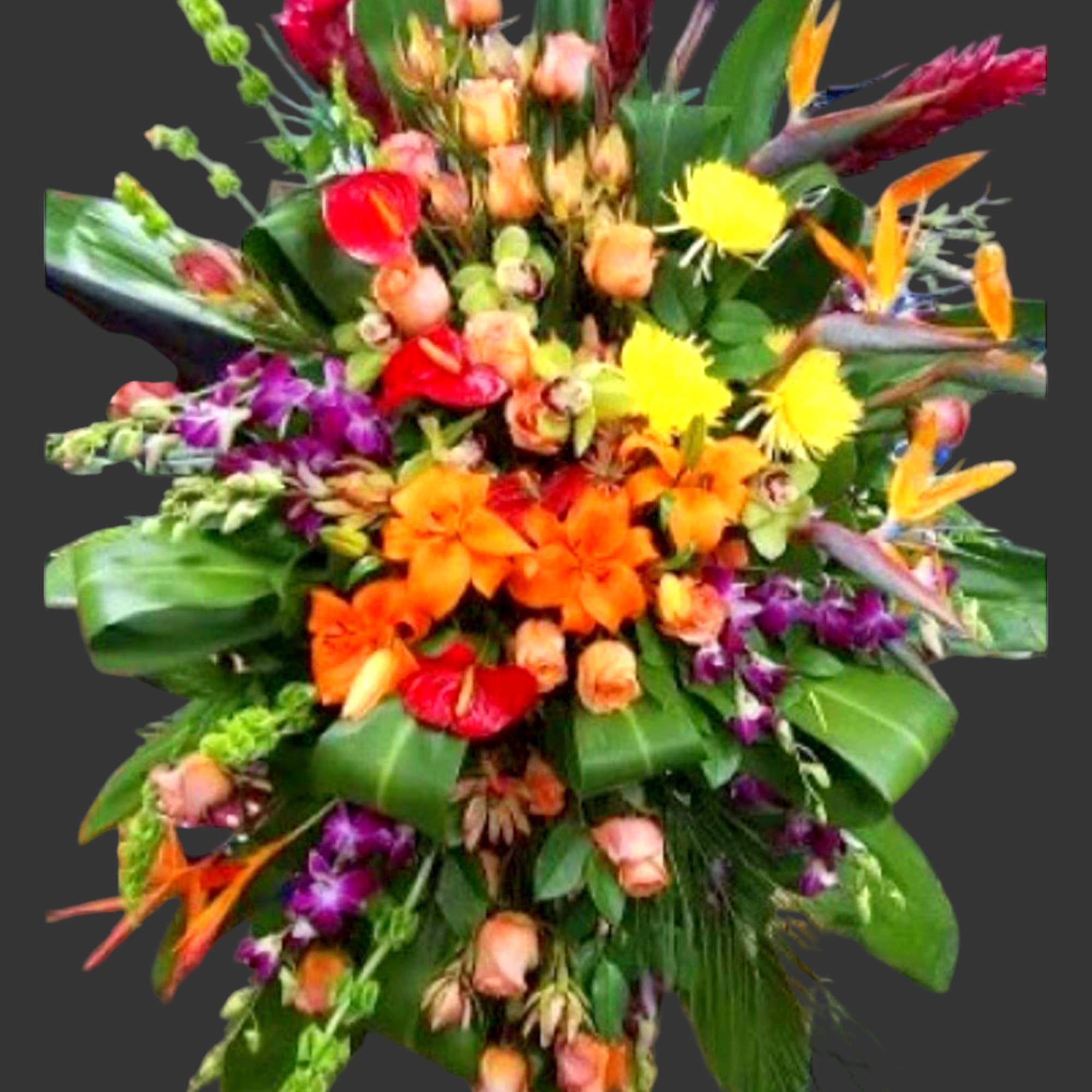 Large tropical bouquet with orange, pink, purple, and yellow flowers
