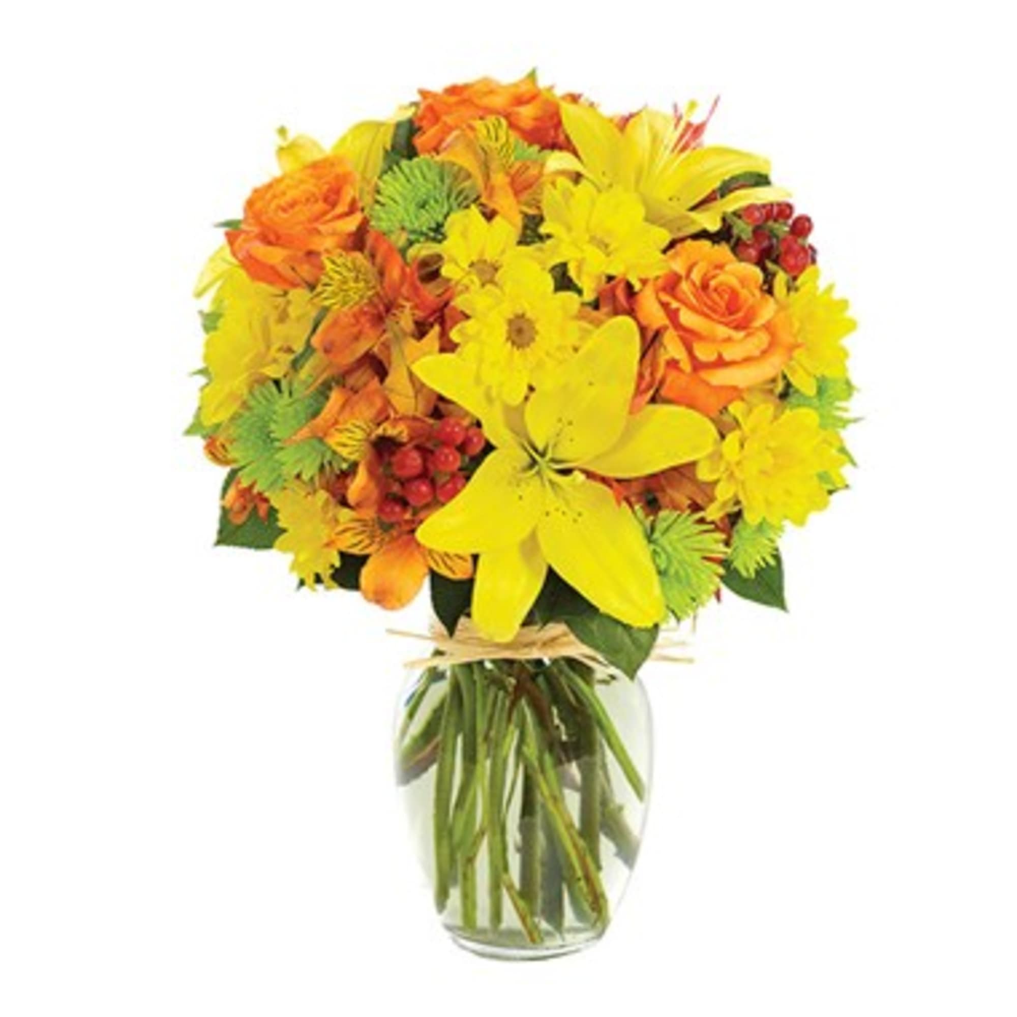 Yellow and orange mixed bouquet in a clear glass vase