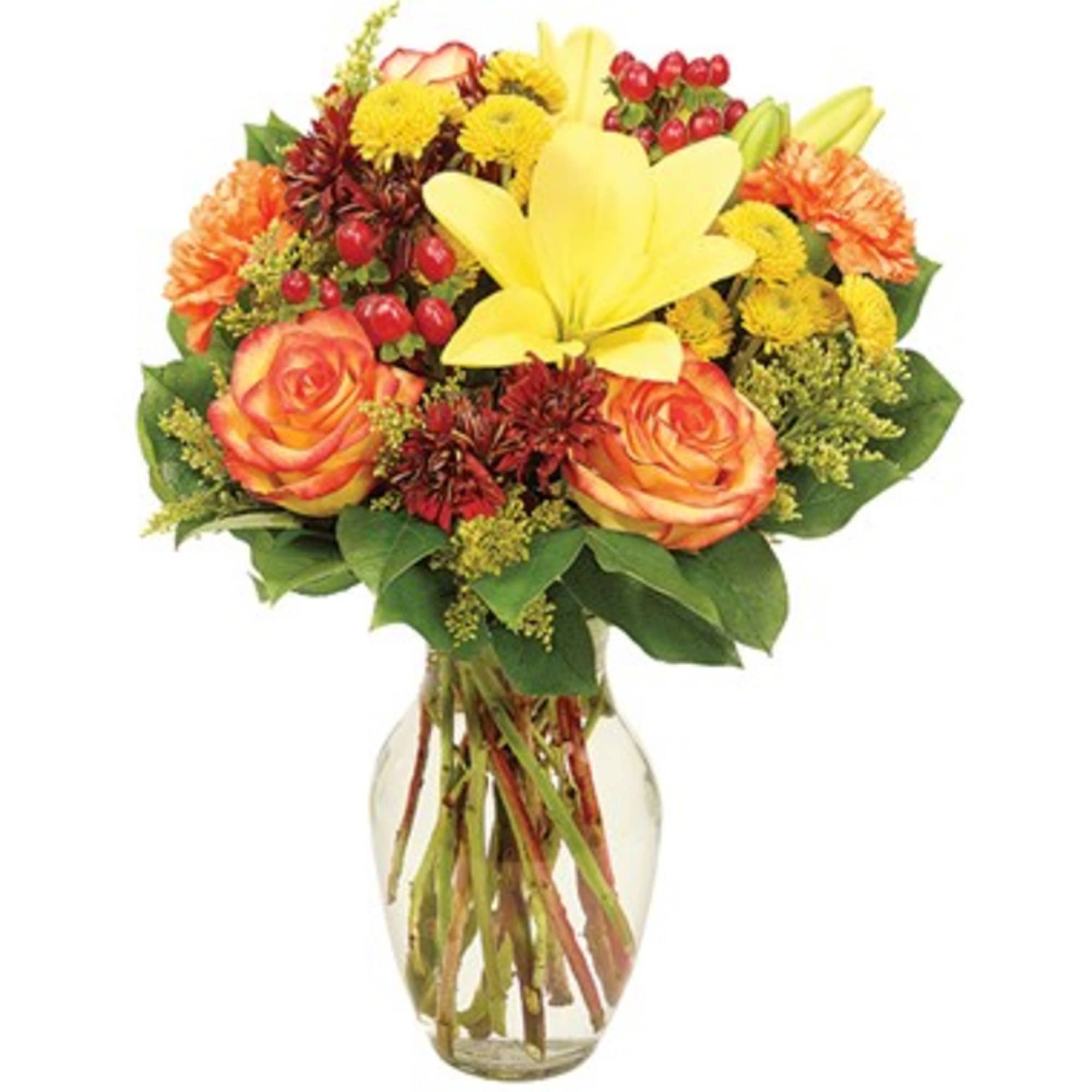 Bouquet of yellow lilies and orange roses in a clear glass vase