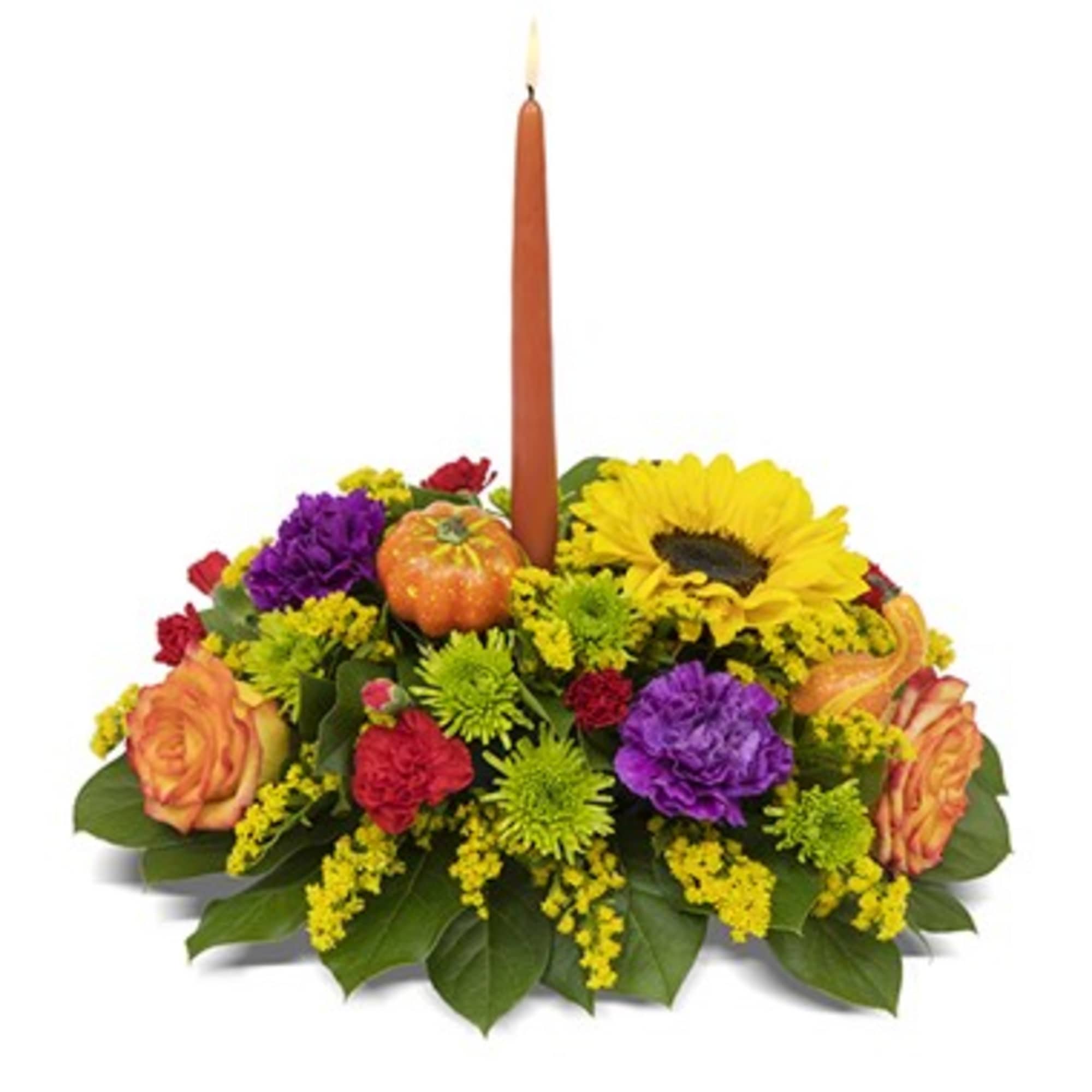 Expressive sunflowers are blended with carnations, athos poms, solidago, hypericum and roses